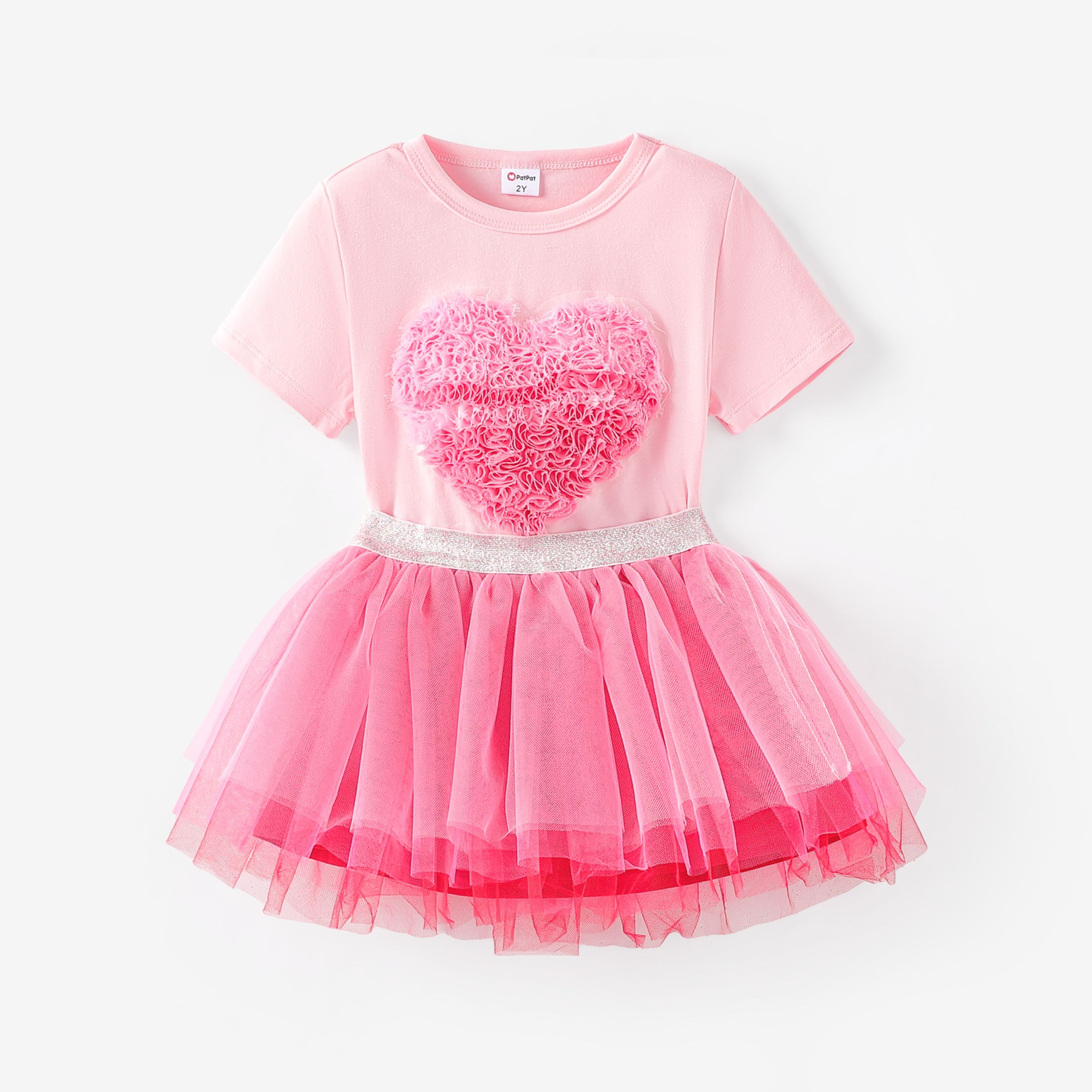Toddler Girl Valentine's Day 2pcs Heart-shaped Mesh Tee And Mesh Tutu Skirt Set