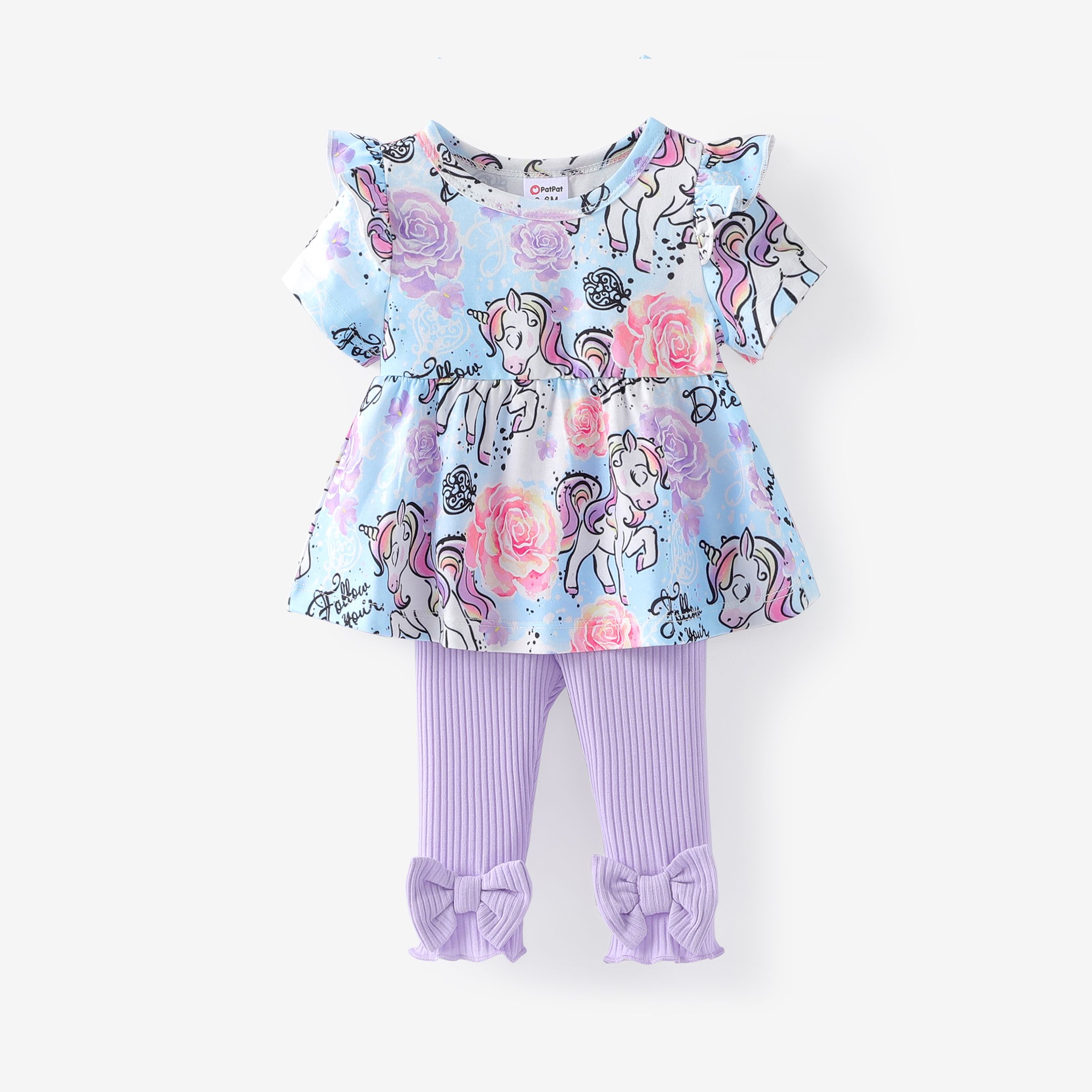 Baby Girl 2pcs Sweet Unicorn Pattern Ruffled Top And Leggings Set/ Shoes