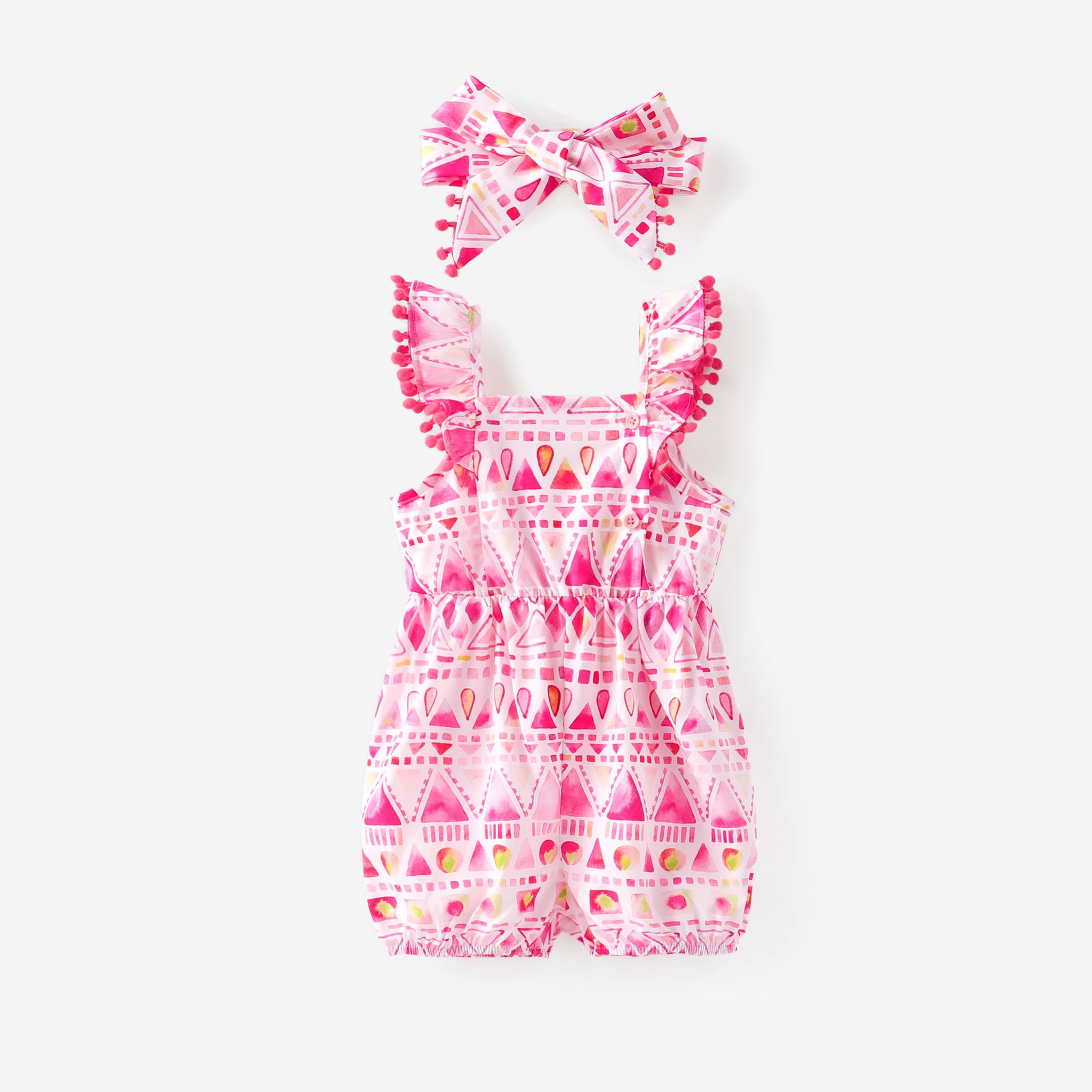 Baby Girl 2pcs Geometric Pattern Flutter Sleeve Jumpsuit And Headband Set