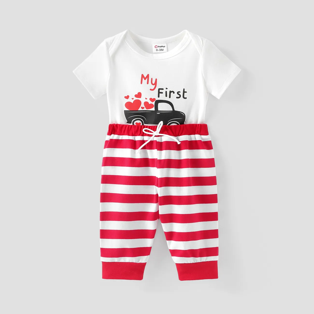 Baby Boy/Girl Valentine's Day 2pcs Letter Print Romper and Stripe Pants Set REDWHITE big image 1