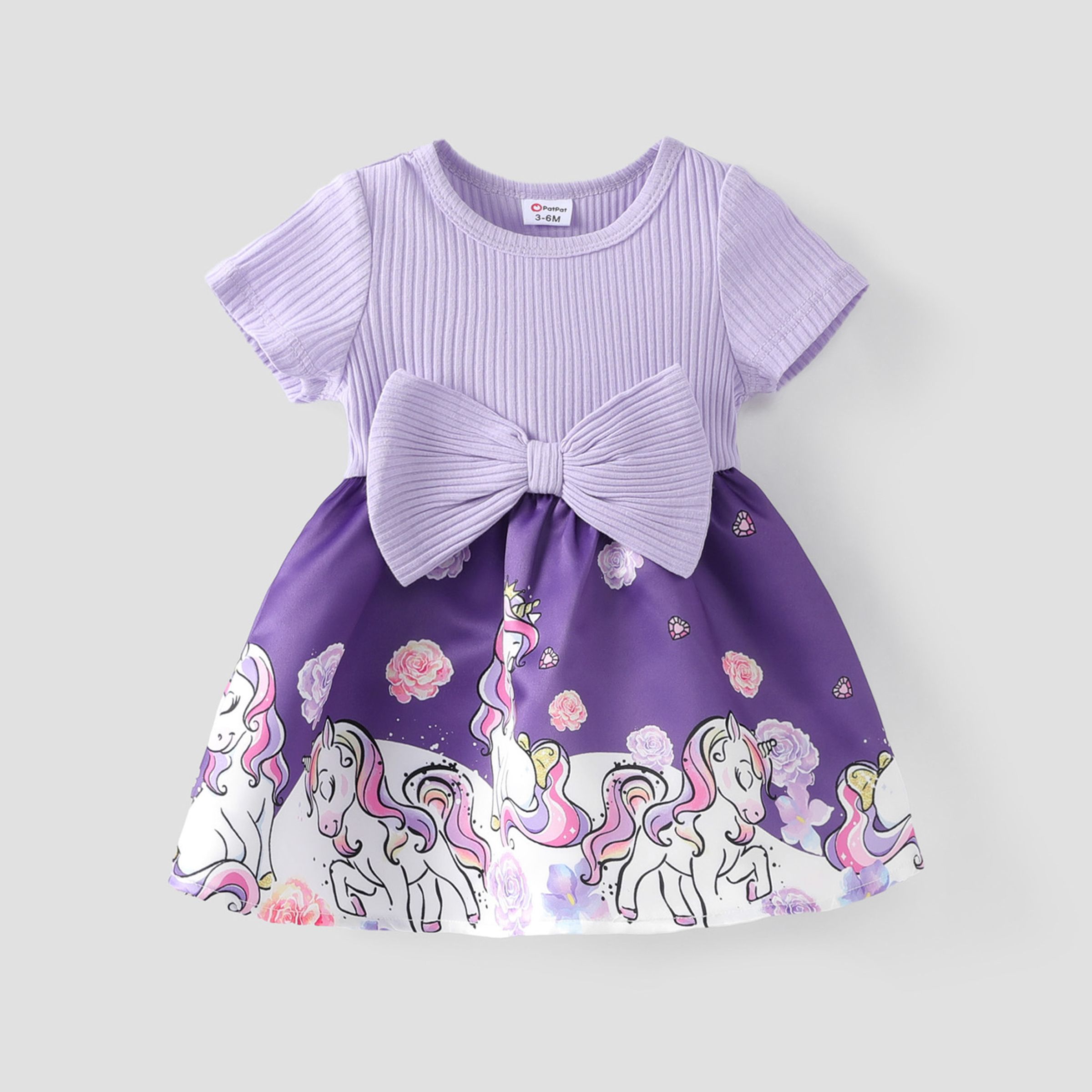 Baby Girl Colorblock Unicorn Pattern Bowknot Dress/ Socks/ Prewalker Shoes