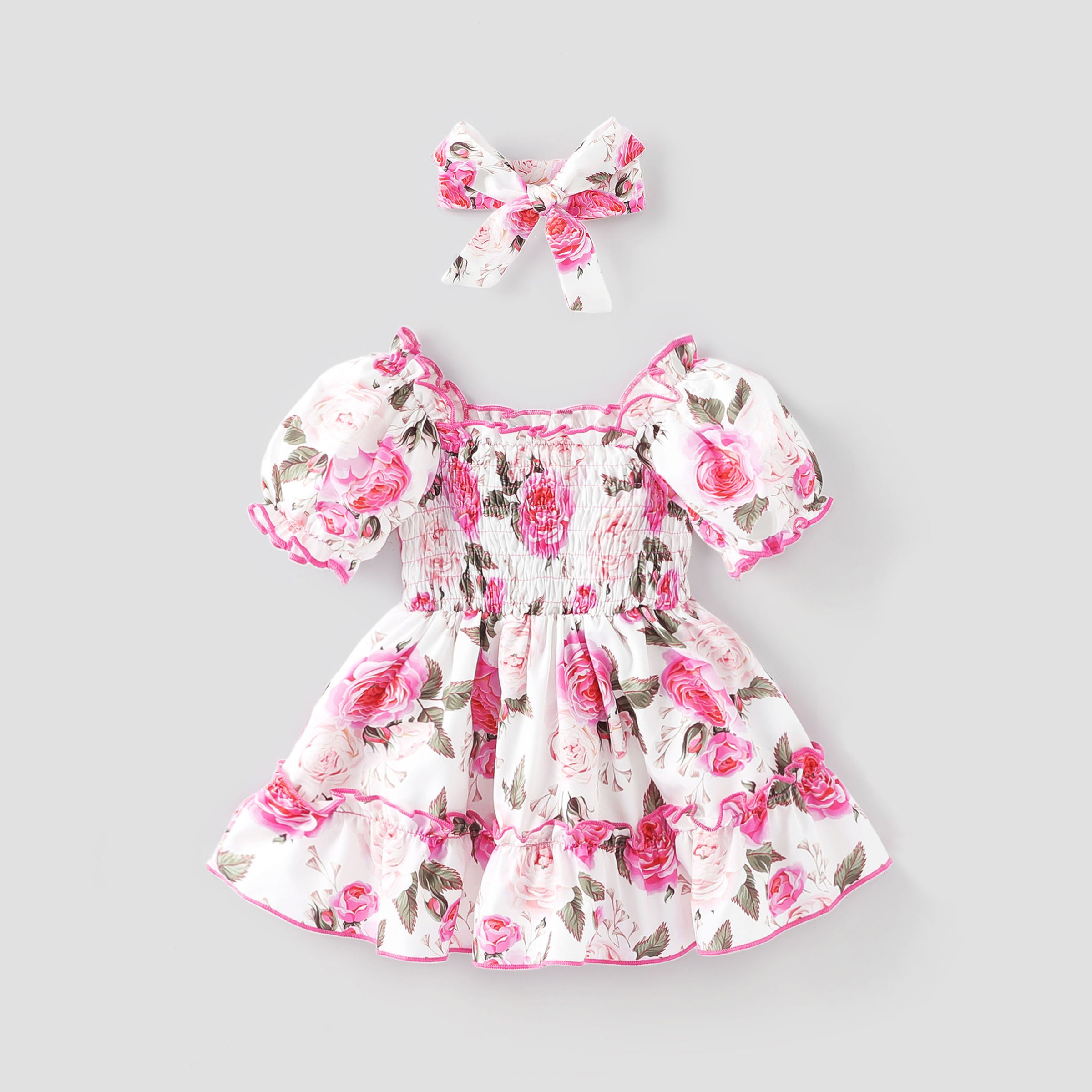 Baby Girl 2pcs Floral Pattern Puff Sleeves Ruffled Dress And Headband Set/ Ribbed Shoes