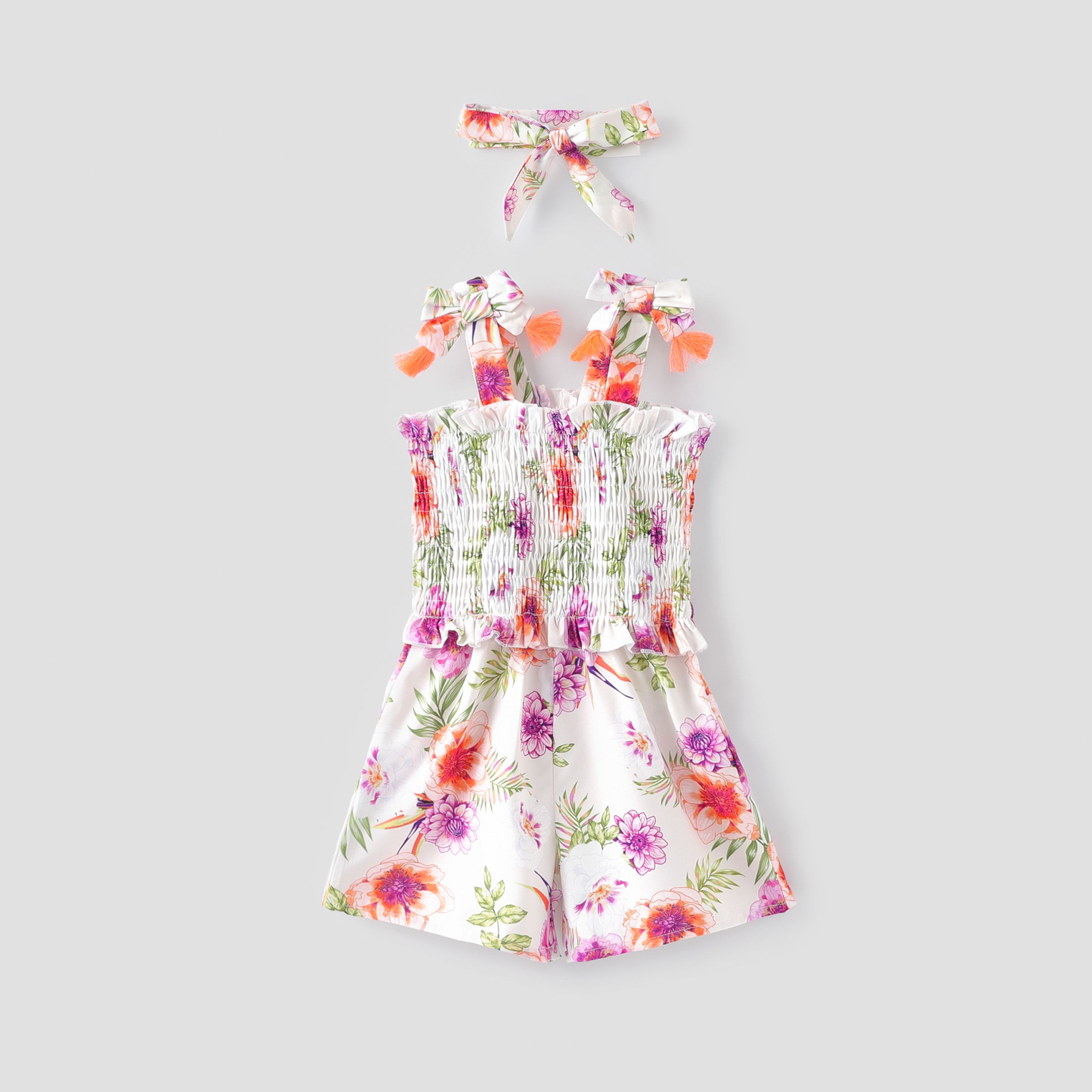 Enfant En Bas âge Fille Motif Floral Volants Bretelles Croisées Combinaison Et Bandeau Ensemble / Sandales