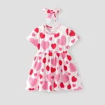 Toddler Girl Valentine's Day 2pcs Heart-shaped Dress with Headband PinkyWhite