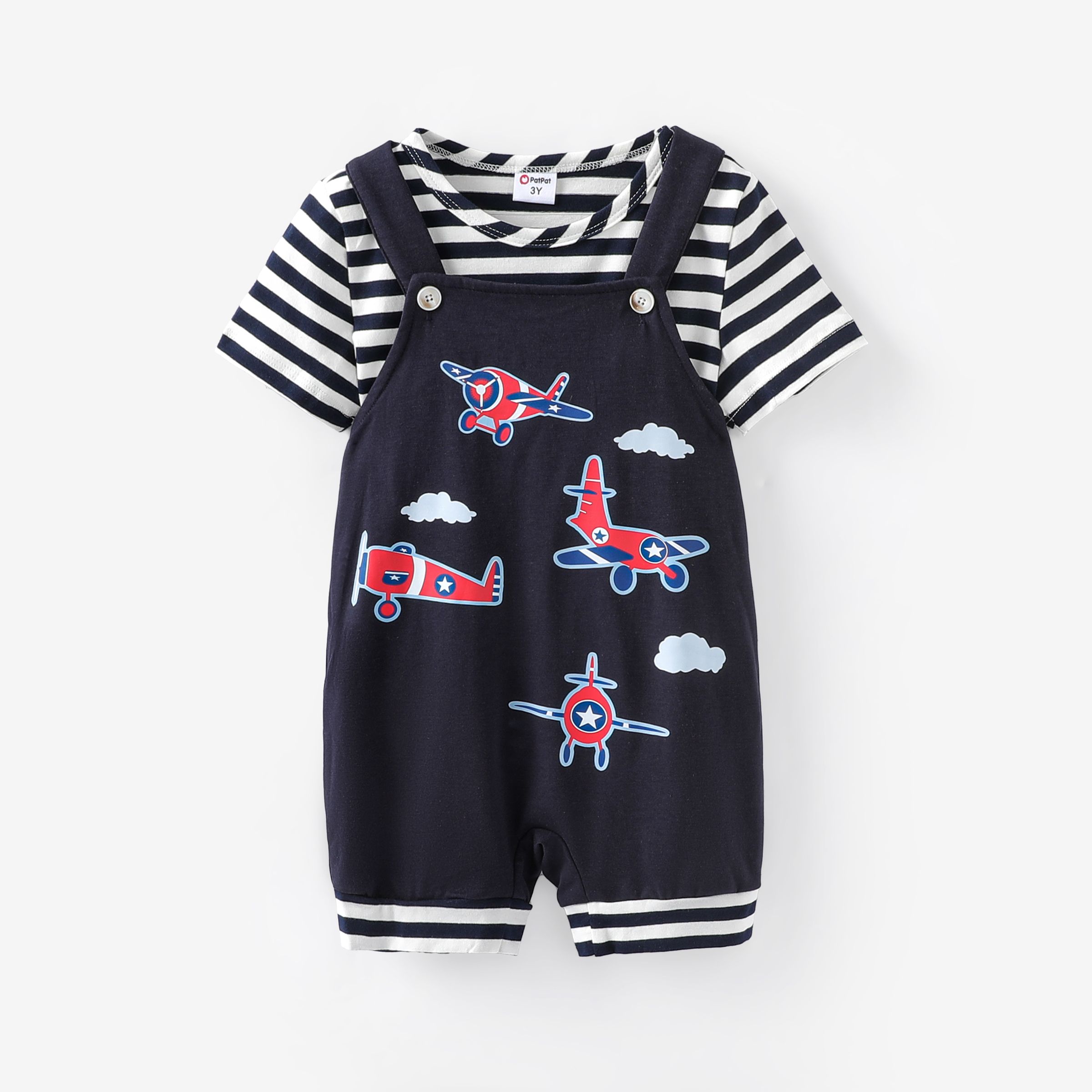 Toddler Boy 2pcs Striped Tee And Plane Print Overalls Shorts Set/ Canvas Shoes
