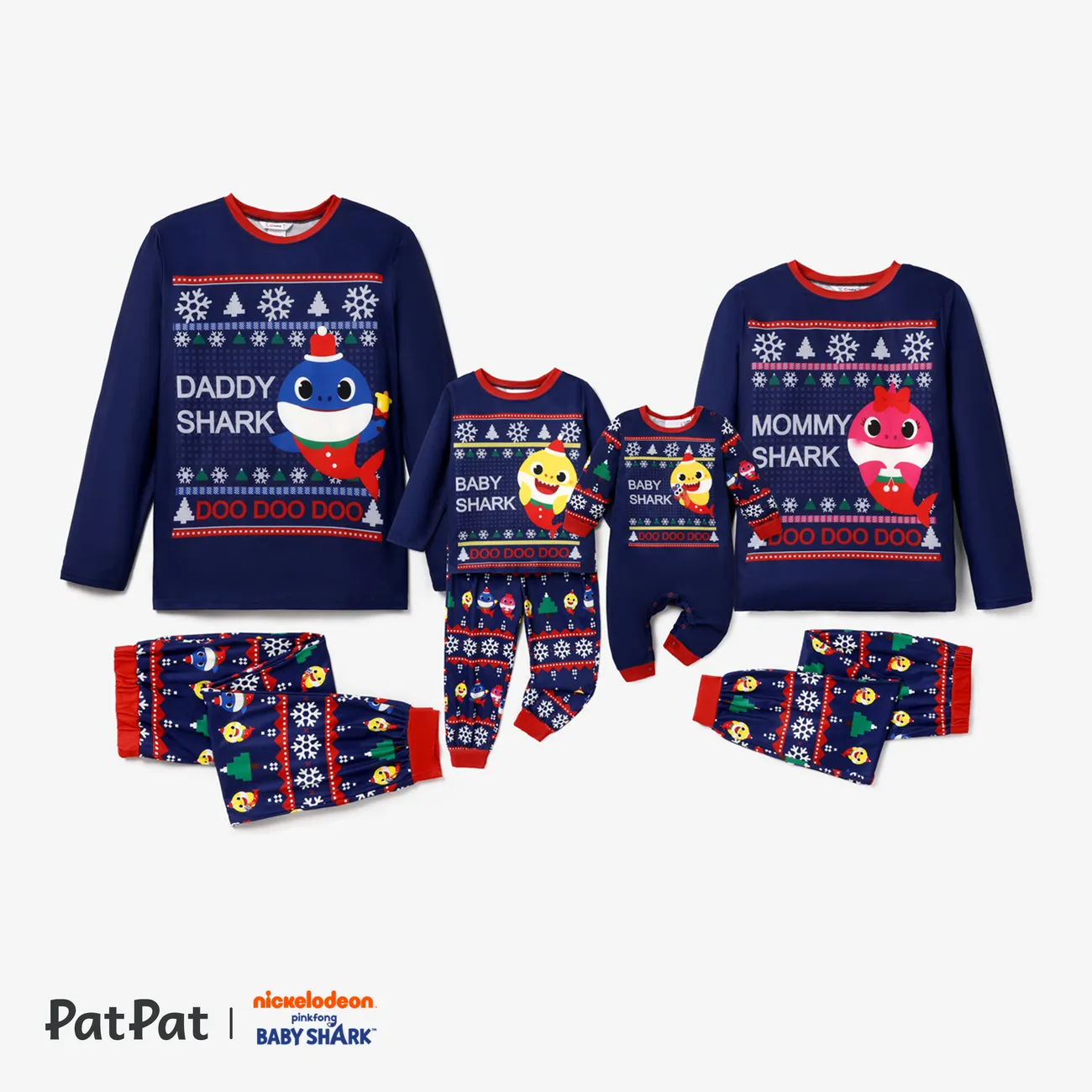 Baby Shark Christmas Family Matching Character Print Long-sleeve Top and Pants Pajamas Sets (Flame Resistant) DeepBlue big image 1