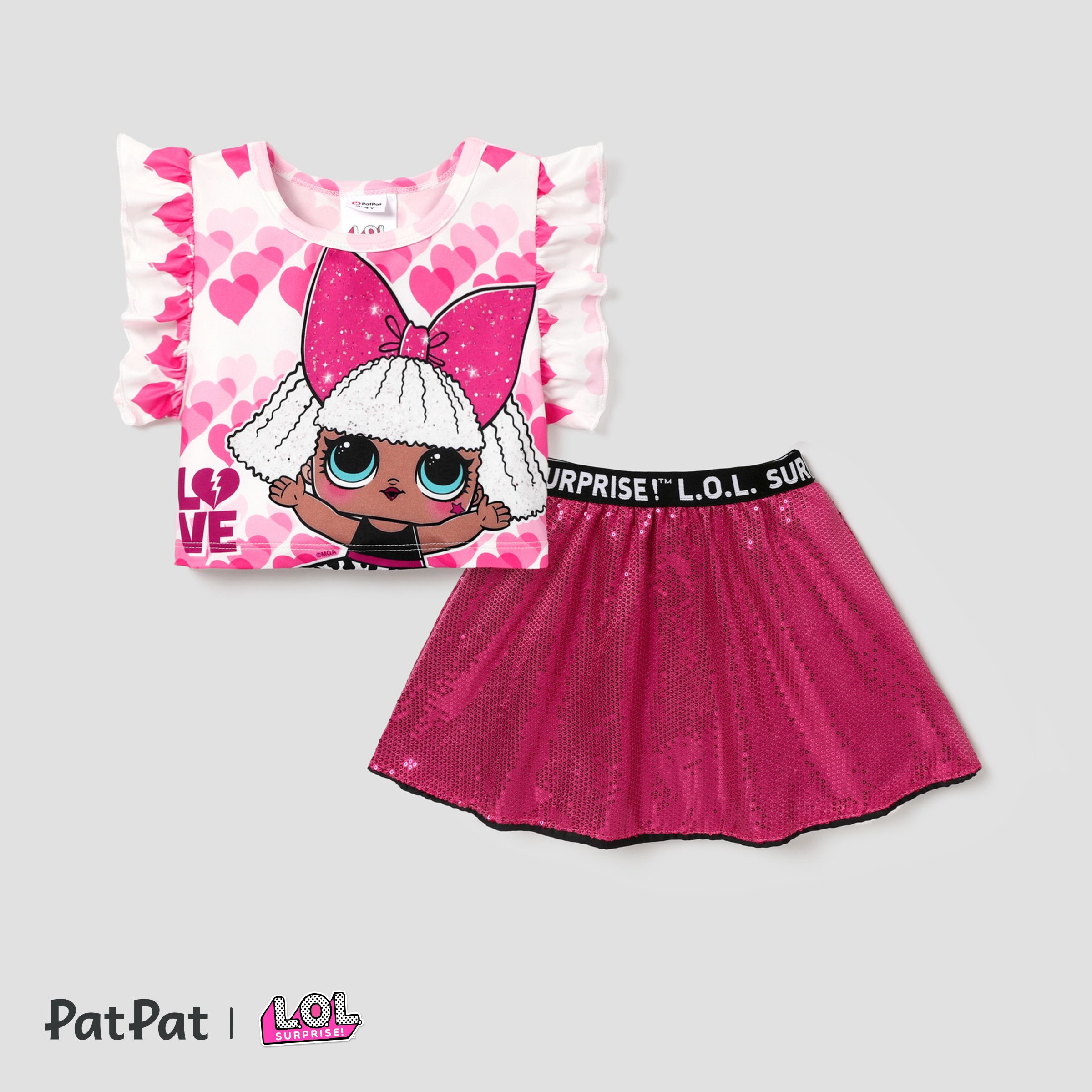 L.O.L. SURPRISE! Valentine's Day Toddler Girl's Patterned Ruffle Sleeve Cropped Top With Sequin Glitter Sweet Suit Skirt