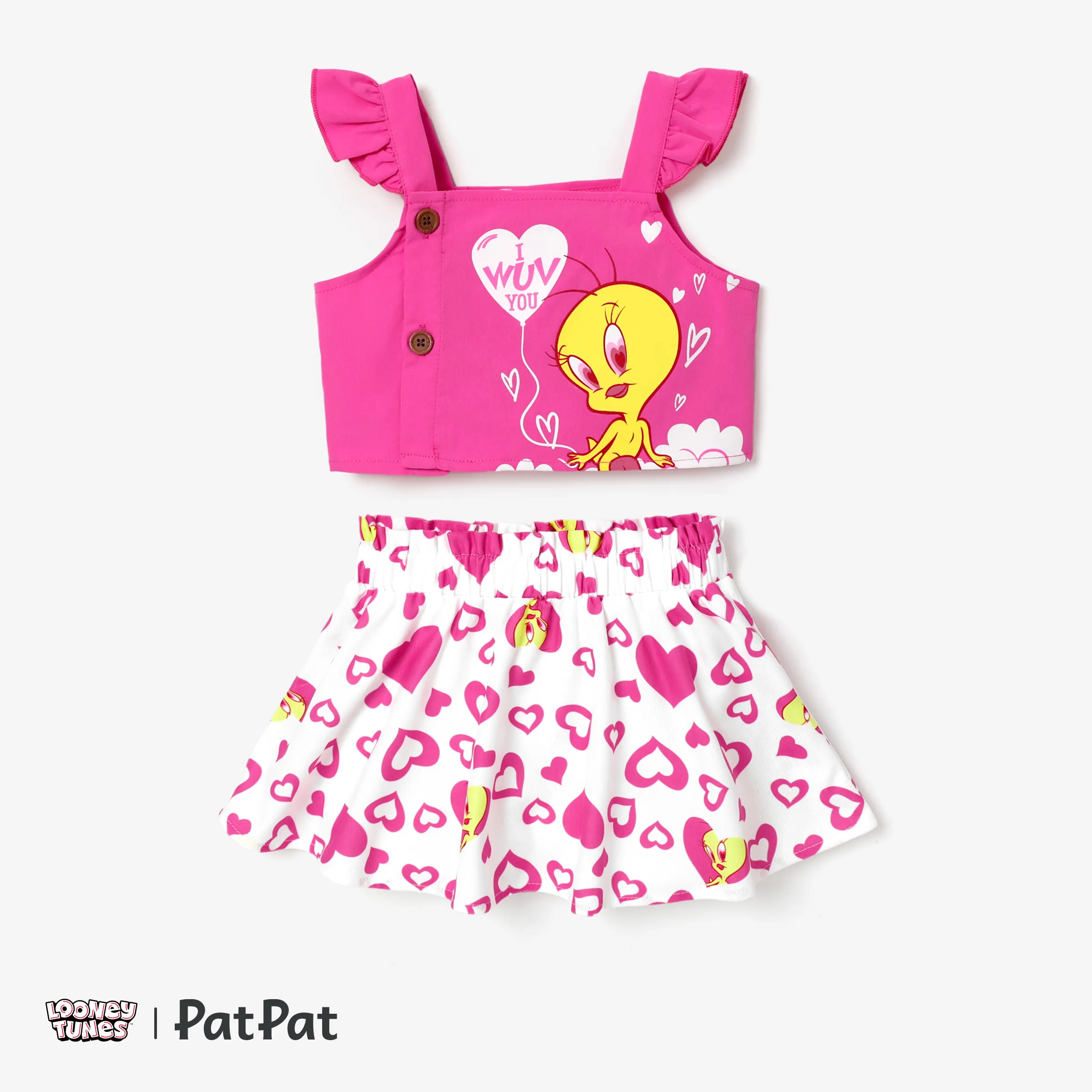 Looney Tunes 蹣跚學步的女孩母親節 2 件裝心形 Tweety 印花上衣配裙子套裝