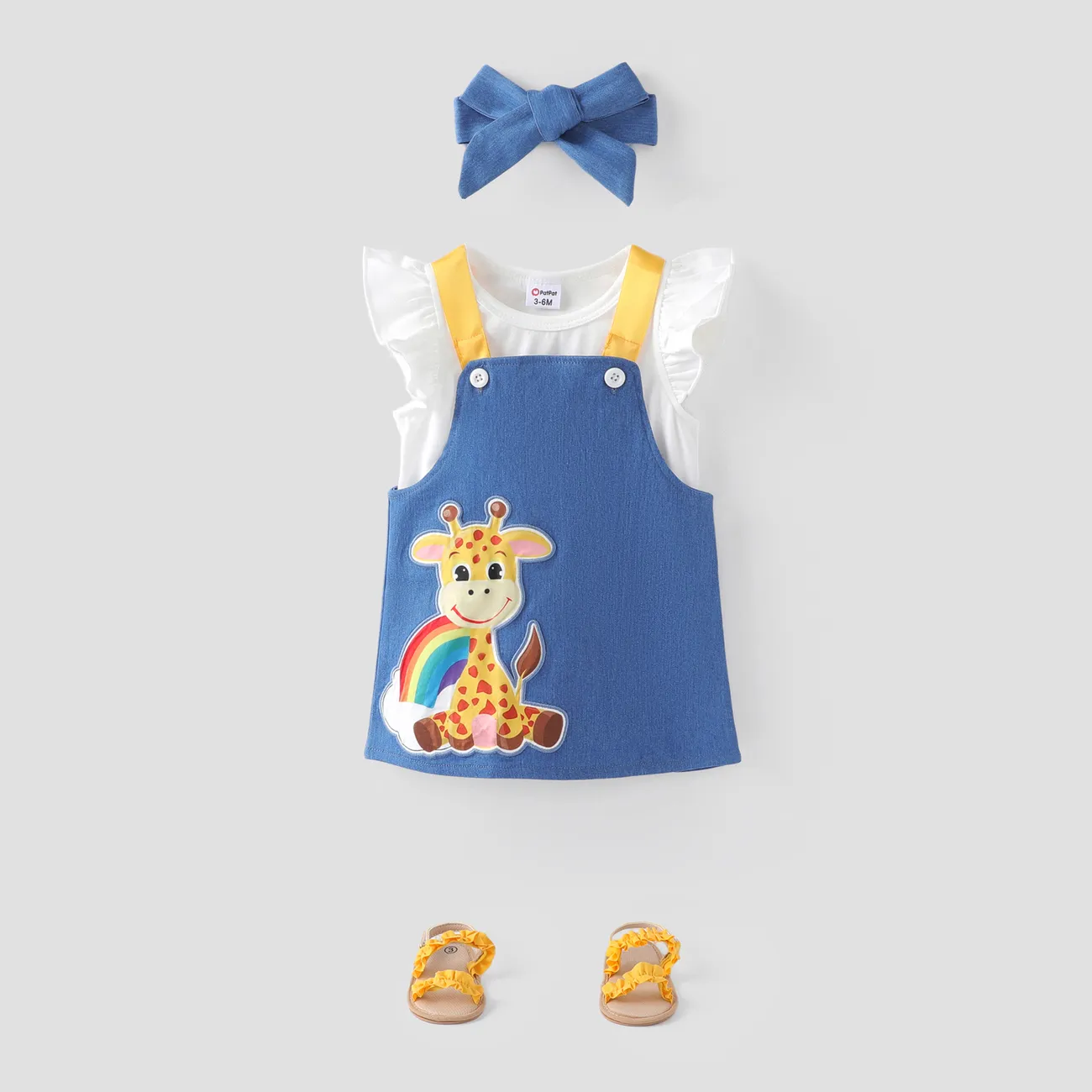 Baby Girl 3pcs Flutter Sleeve Top and Giraffe Print Denim Overalls Dress and Headband Set Blue big image 1