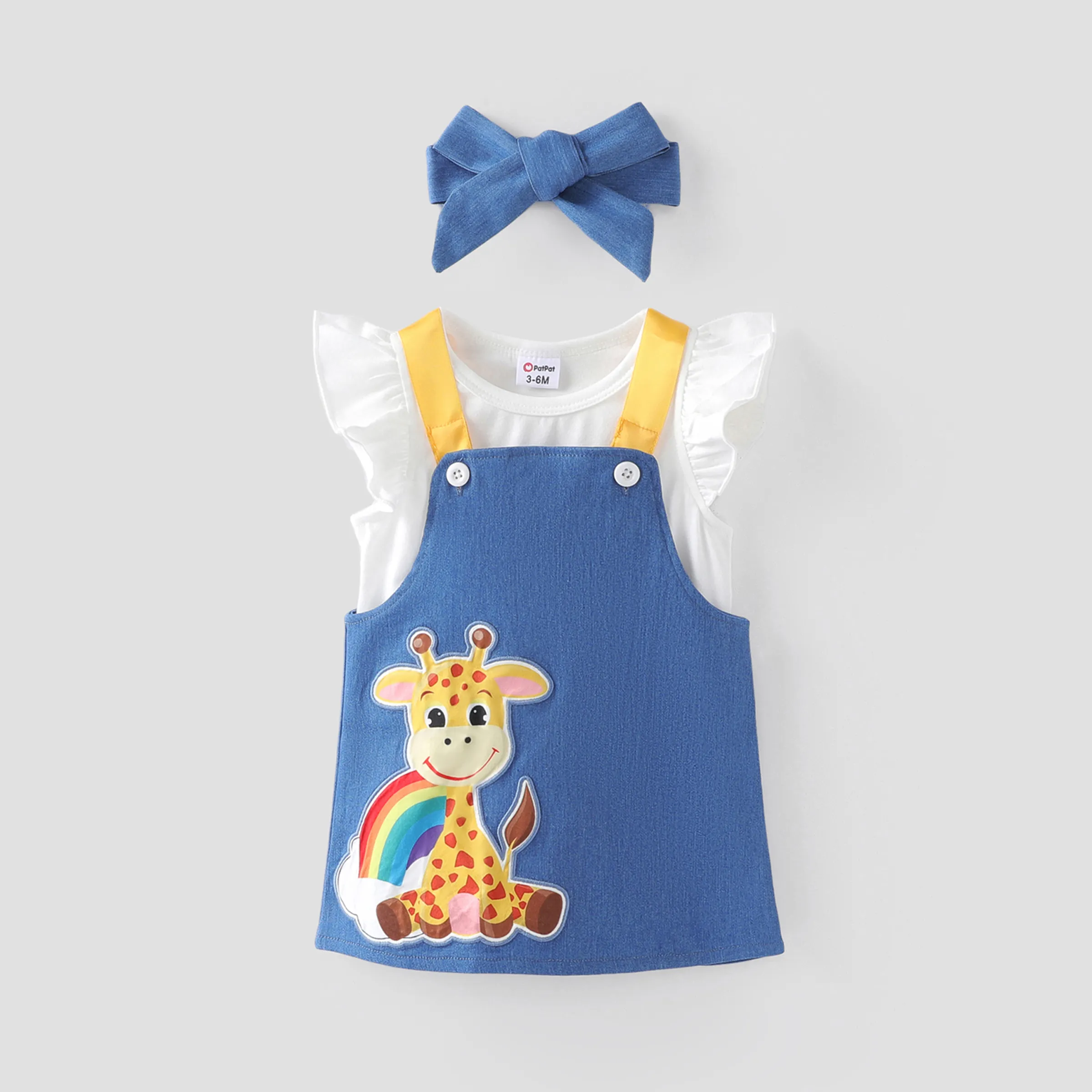 Baby Girl 3pcs Flutter Sleeve Top and Giraffe Print Denim Overalls Dress and Headband Set