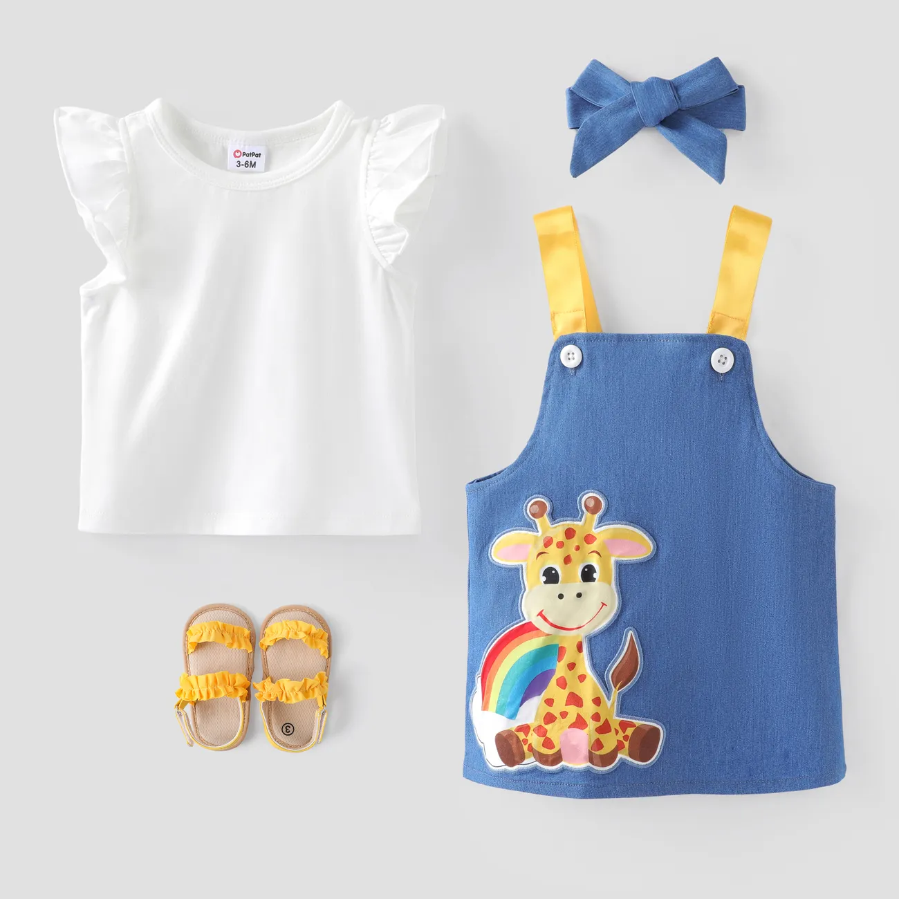 3 pièces Bébé Débardeur Girafe Enfantin Manches courtes Costume jupe Bleu big image 1