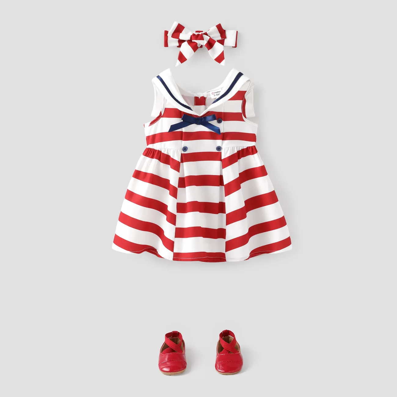 Baby Girl 2pcs Striped Sailor Collar Dress and Headband Set REDWHITE big image 1
