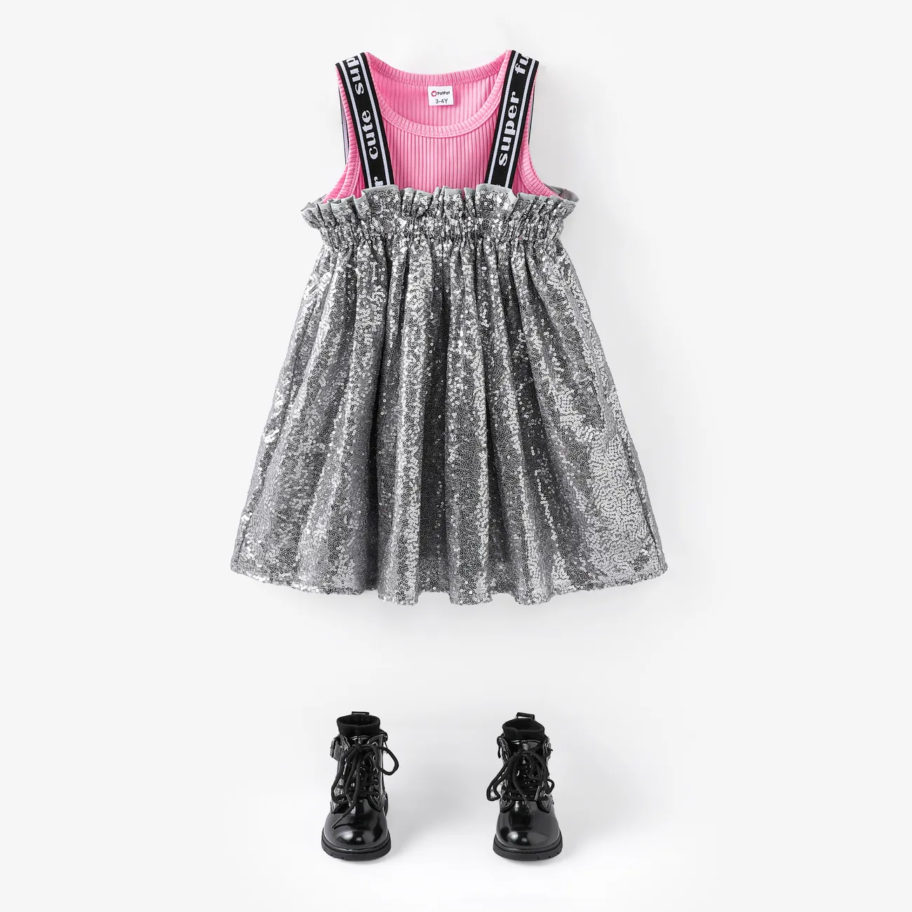 Bambino/Kid Girl 2 pz Canotta Solida e Paillettes Tessuto Cami Dress Set Rosa big image 1