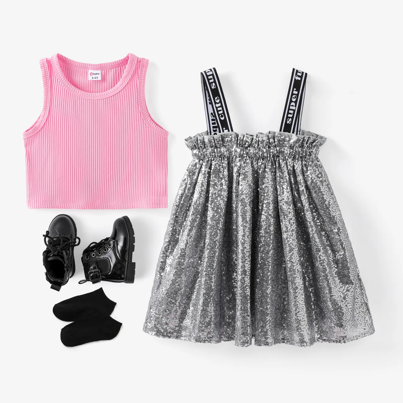 Kleinkind / Kind Mädchen 2-teiliges festes Tanktop und Paillettenstoff Cami-Kleid Set rosa big image 1