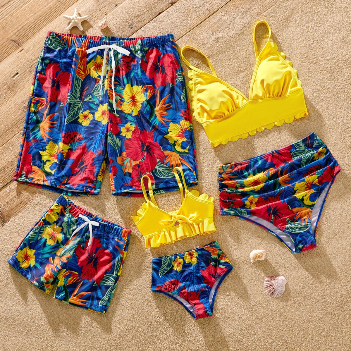 Family Matching Solid Scallop Trim Strappy Two-piece Swimsuit And Allover Floral Print Swim Trunks Shorts