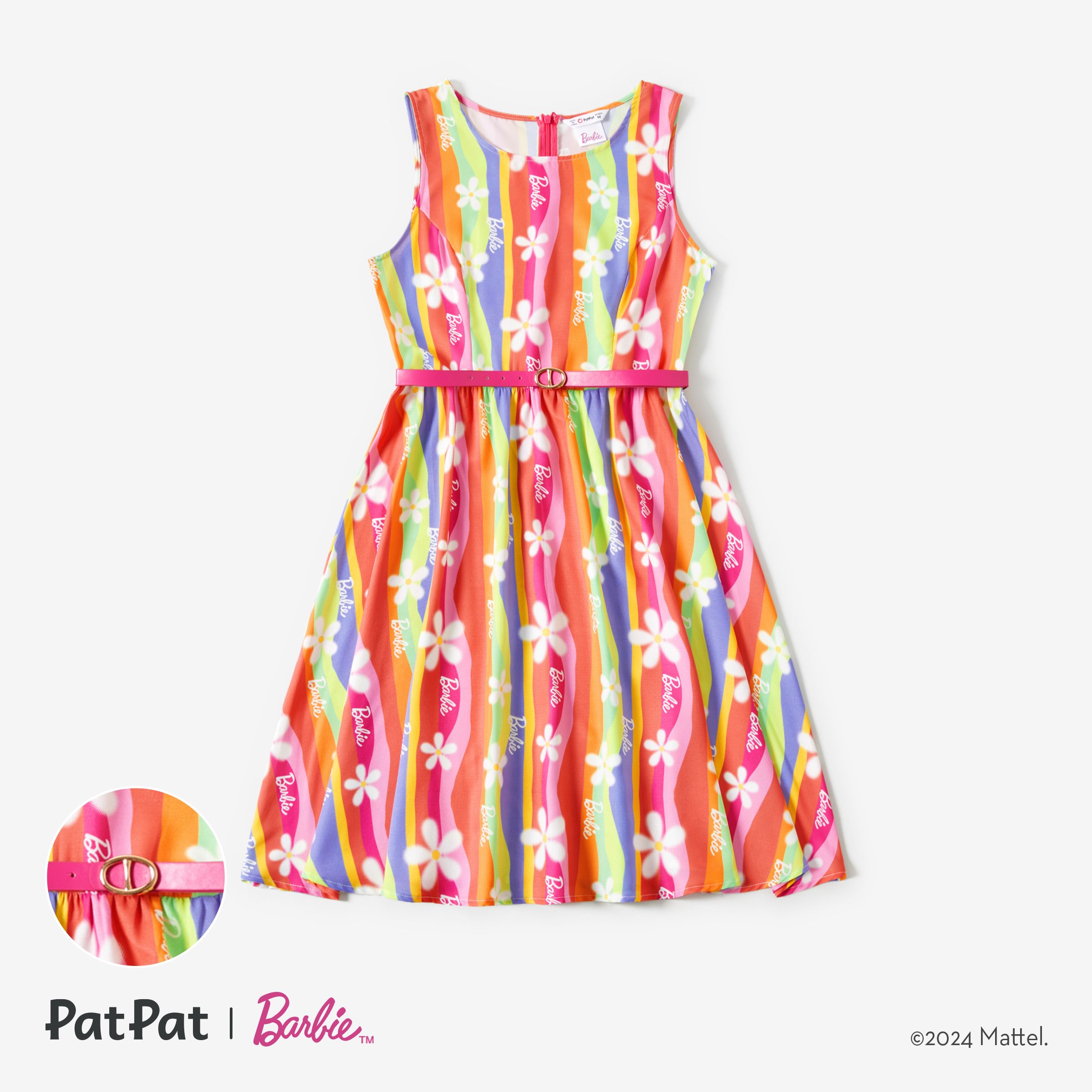 Barbie Mommy and Me Rainbow Creative Stripe Print Graphic Belt Dress