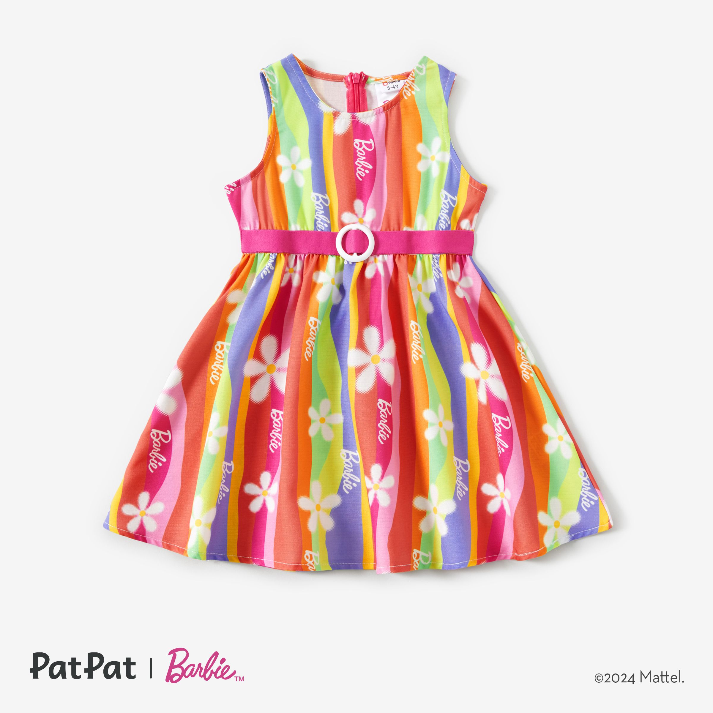 Barbie Mommy And Me Rainbow Creative Stripe Print Graphic Belt Dress