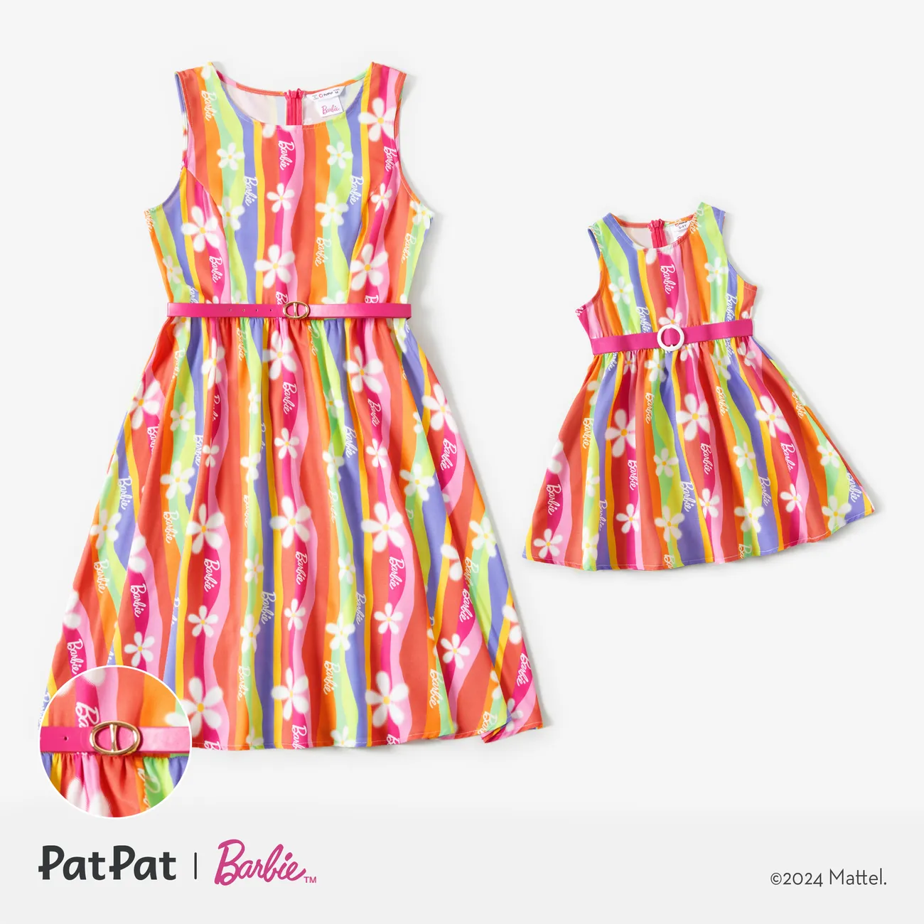 Barbie Mommy and Me Rainbow Creative Stripe Print Graphic Belt Dress Colorful big image 1