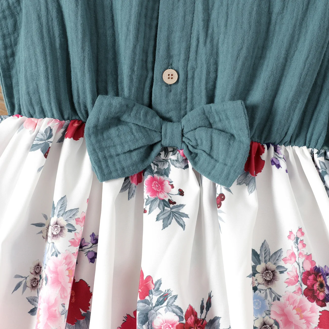 Kid Girl Ruffle Collar Floral Print Button Design Flutter-sleeve Dress Aqua Green big image 1