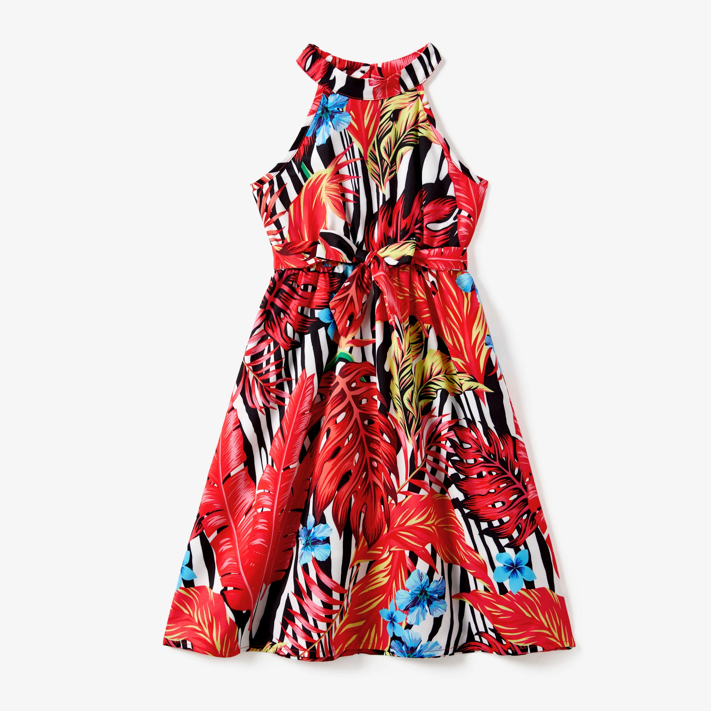 

Family Matching Red Leaf Print Zebra Stripe Beach Shirt and High Neck Halter Belted Dress Sets