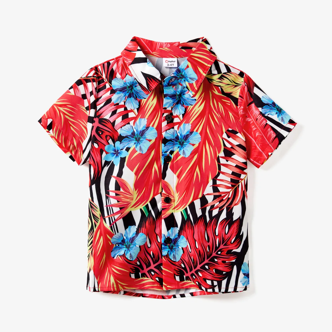 Family Matching Red Leaf Print Zebra Stripe Beach Shirt and High Neck Halter Belted Dress Sets MultiColour big image 1