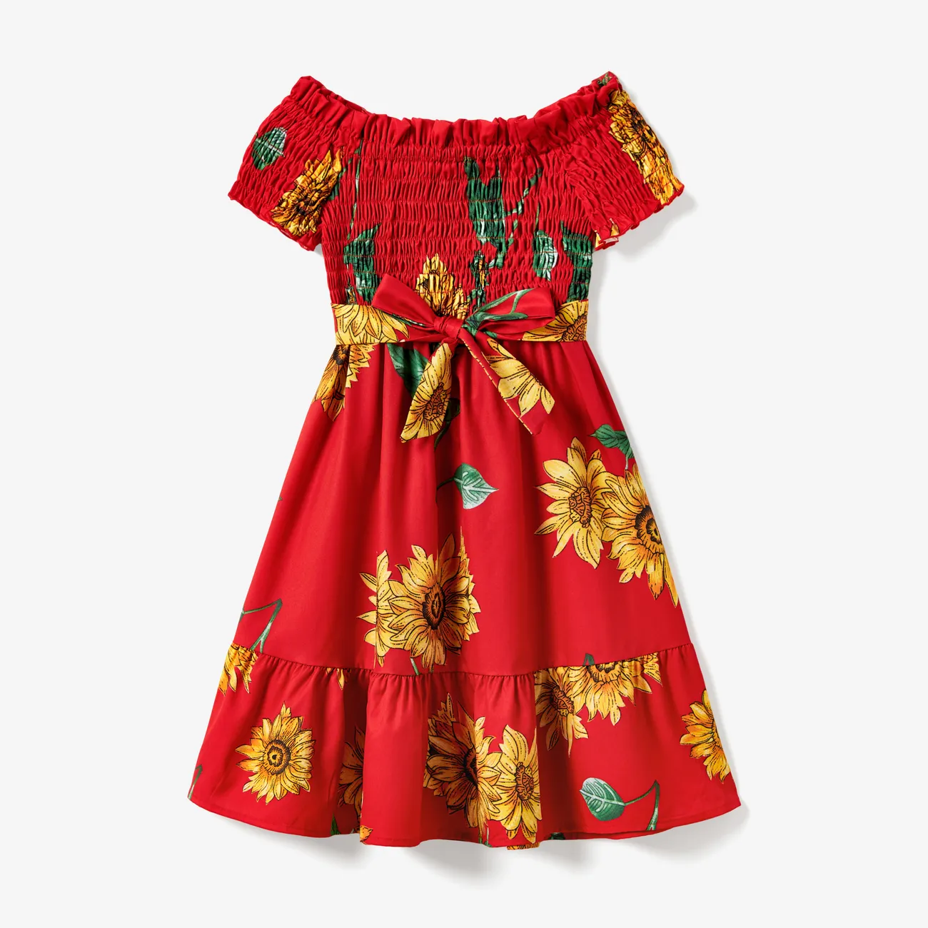 Mommy and Me Sunflower Pattern Shirred Ruffle Hem A-Line Dress Red big image 1