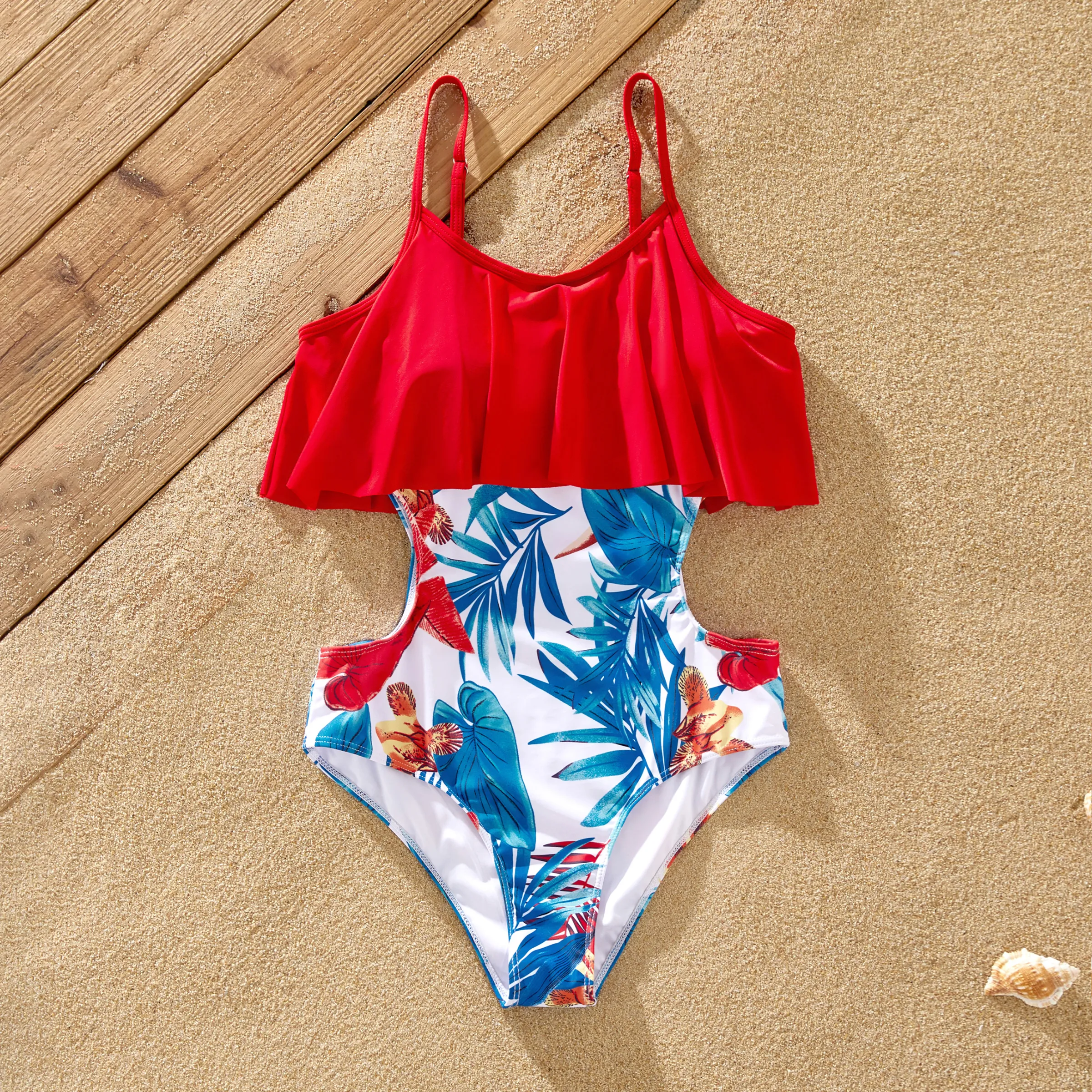 Family Matching Floral Drawstring Swim Trunks Or Flounce Cut Out One-Piece Strap Swimsuit