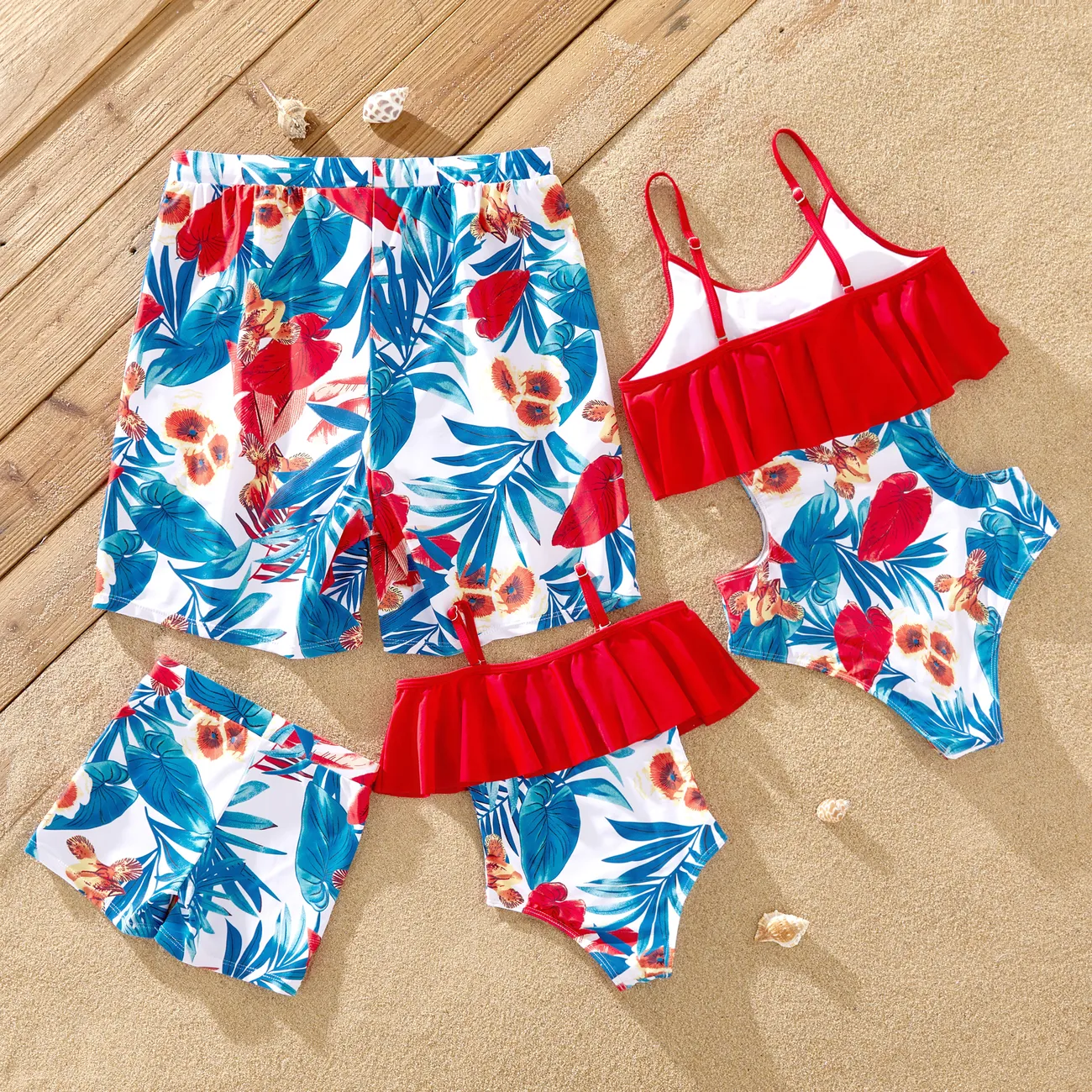 Family Matching Floral Drawstring Swim Trunks or Flounce Cut Out One-Piece Strap Swimsuit Red big image 1