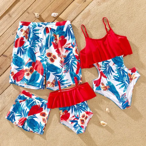 Family Matching Floral Drawstring Swim Trunks or Flounce Cut Out One-Piece Strap Swimsuit
