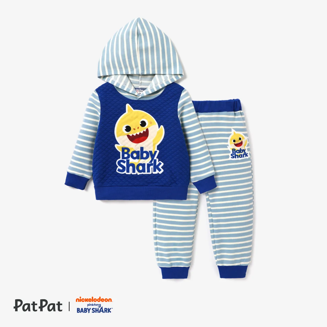 Baby Shark Toddler Boy Character Print Striped Long-sleeve Hooded Top or Pant Dark Blue big image 1
