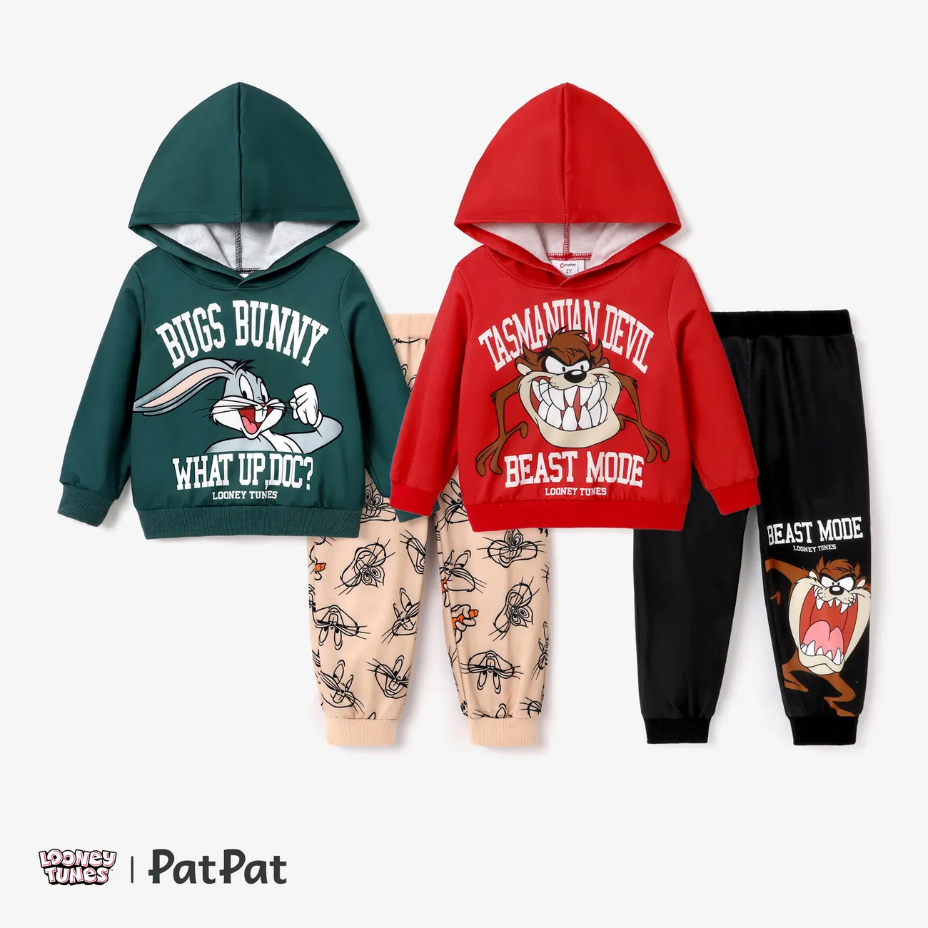 Looney Tunes Toddler Boy  Character Pattern Letter Slogan Hooded Top and Pants Sets Red big image 1