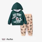 Looney Tunes Toddler Boy  Character Pattern Letter Slogan Hooded Top and Pants Sets Dark Green