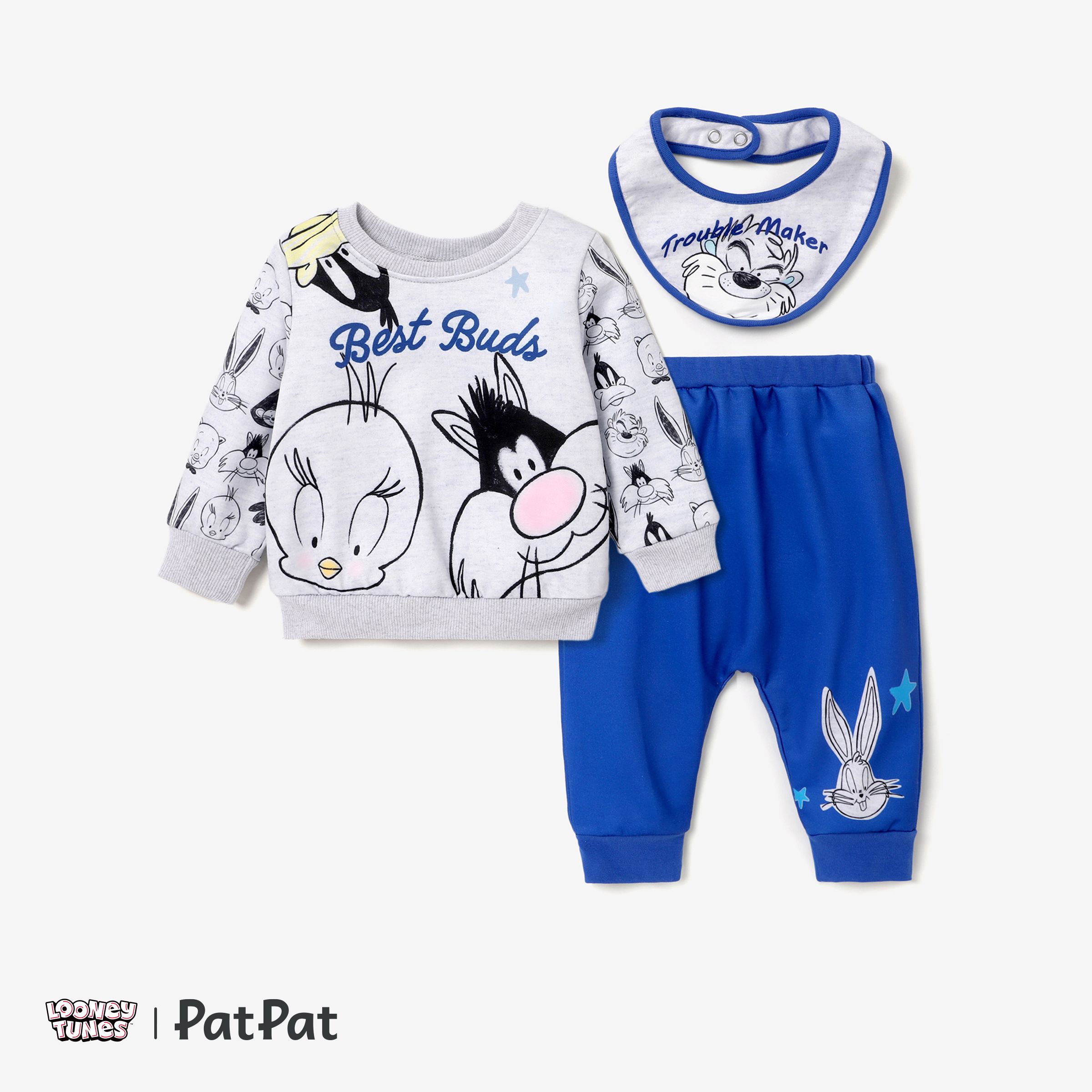 Looney Tunes 3pcs Baby Boy Character Print Sweatshirt, Bugs' Sweatpants and Baby Bibs Set