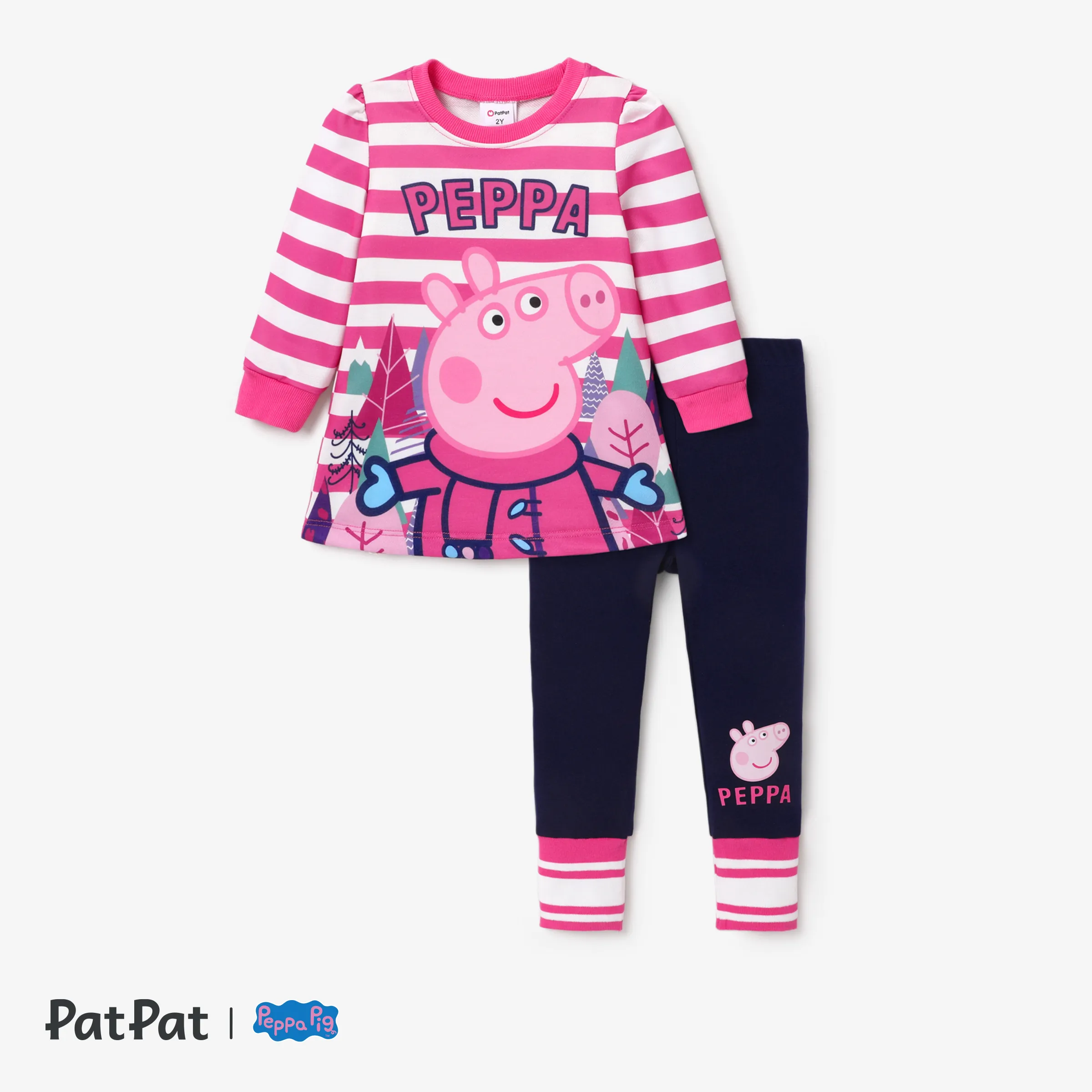 Peppa Pig 2 Piece Toddler Girls Striped Piggy Character Pattern Top And Leggings Color Block Pants Set