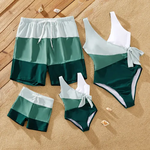 Family Matching Colorblock Swim Trunks or Wrap Side V-Neck Swimsuit 