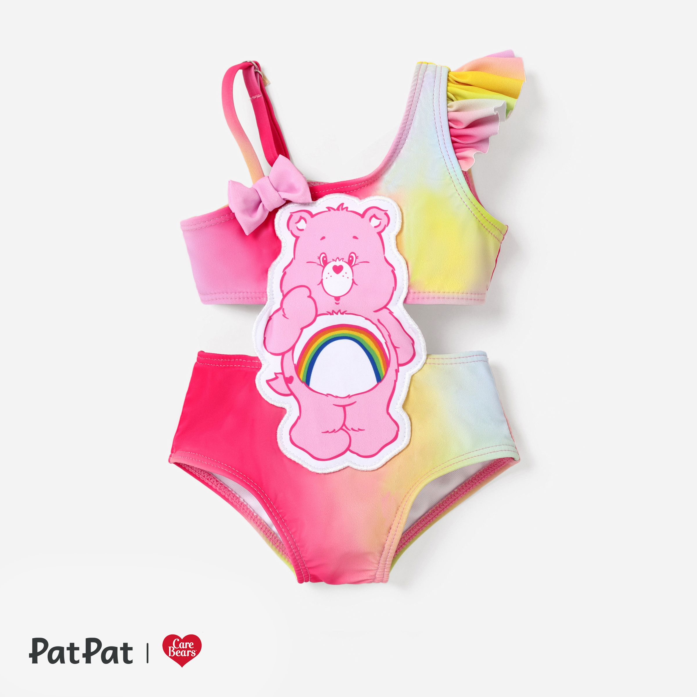 Care Bears Baby Girls Cute Bear Gradient One-piece Off-shoulder Bow Swimsuit