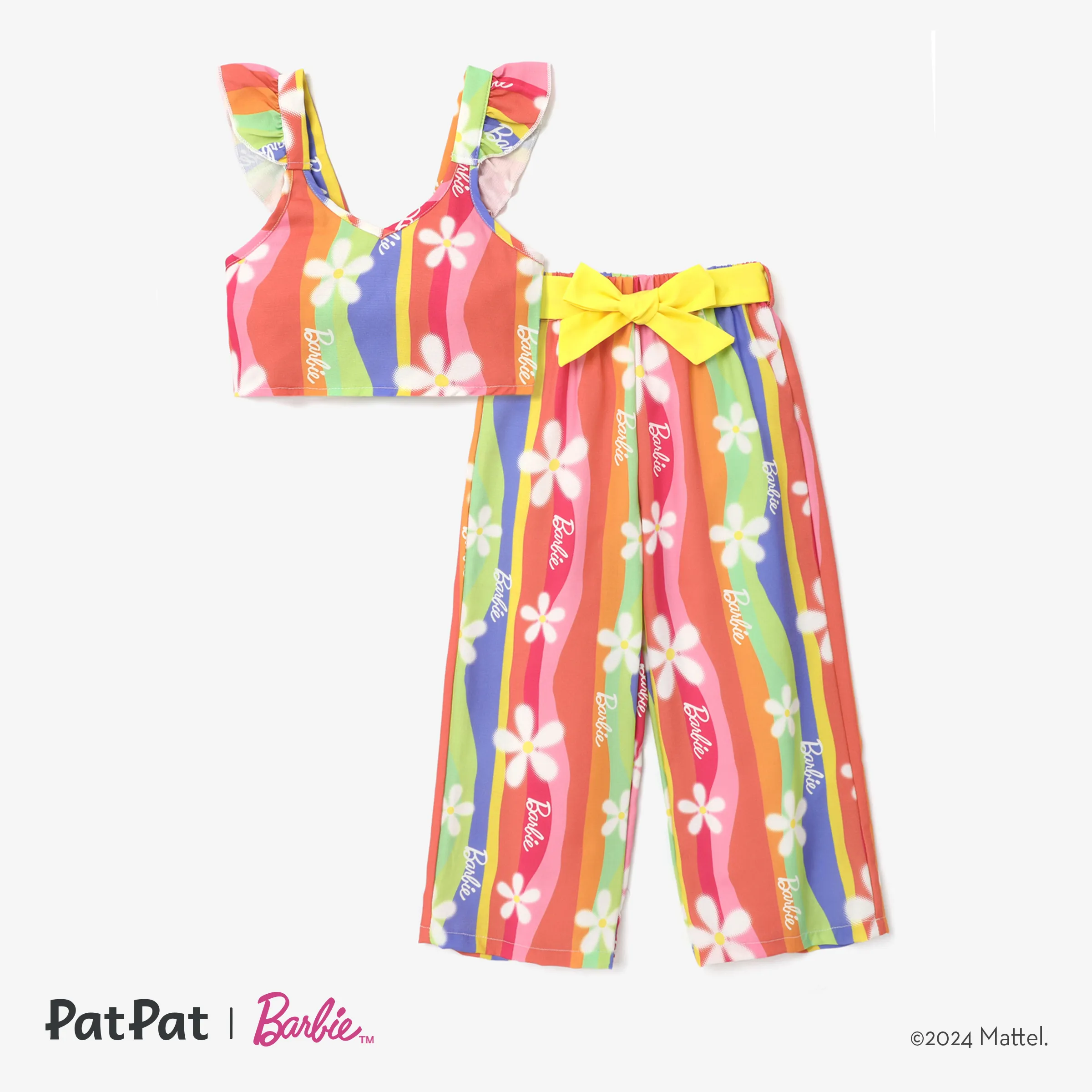 Barbie Girl's All-over Rainbow Striped Letter Print Ruffle Camisole Paired With Loose Wide-leg Pants Sets