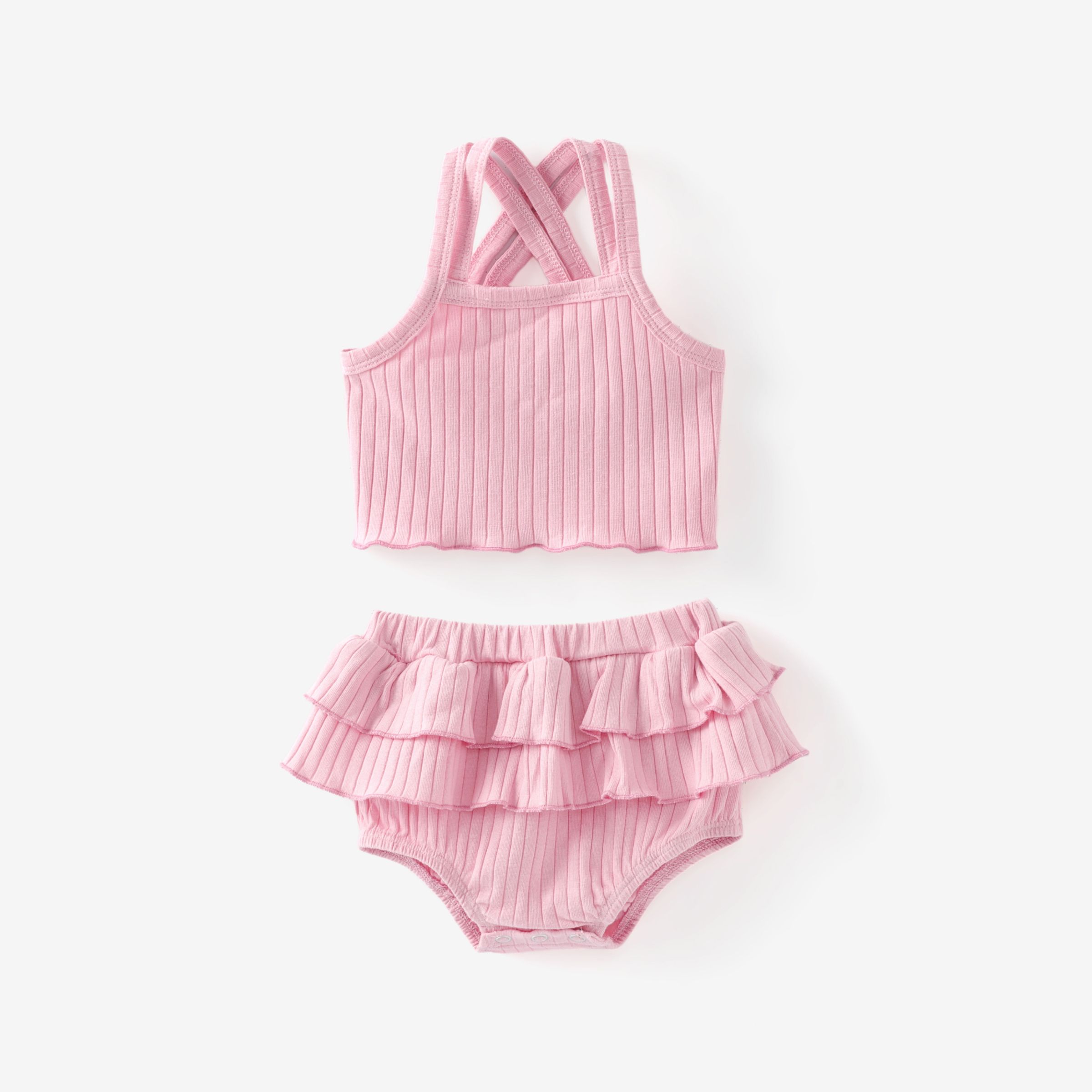 Baby Girl 2pcs Double Cross Sling Crop Camisole And Ruffled Shorts Set