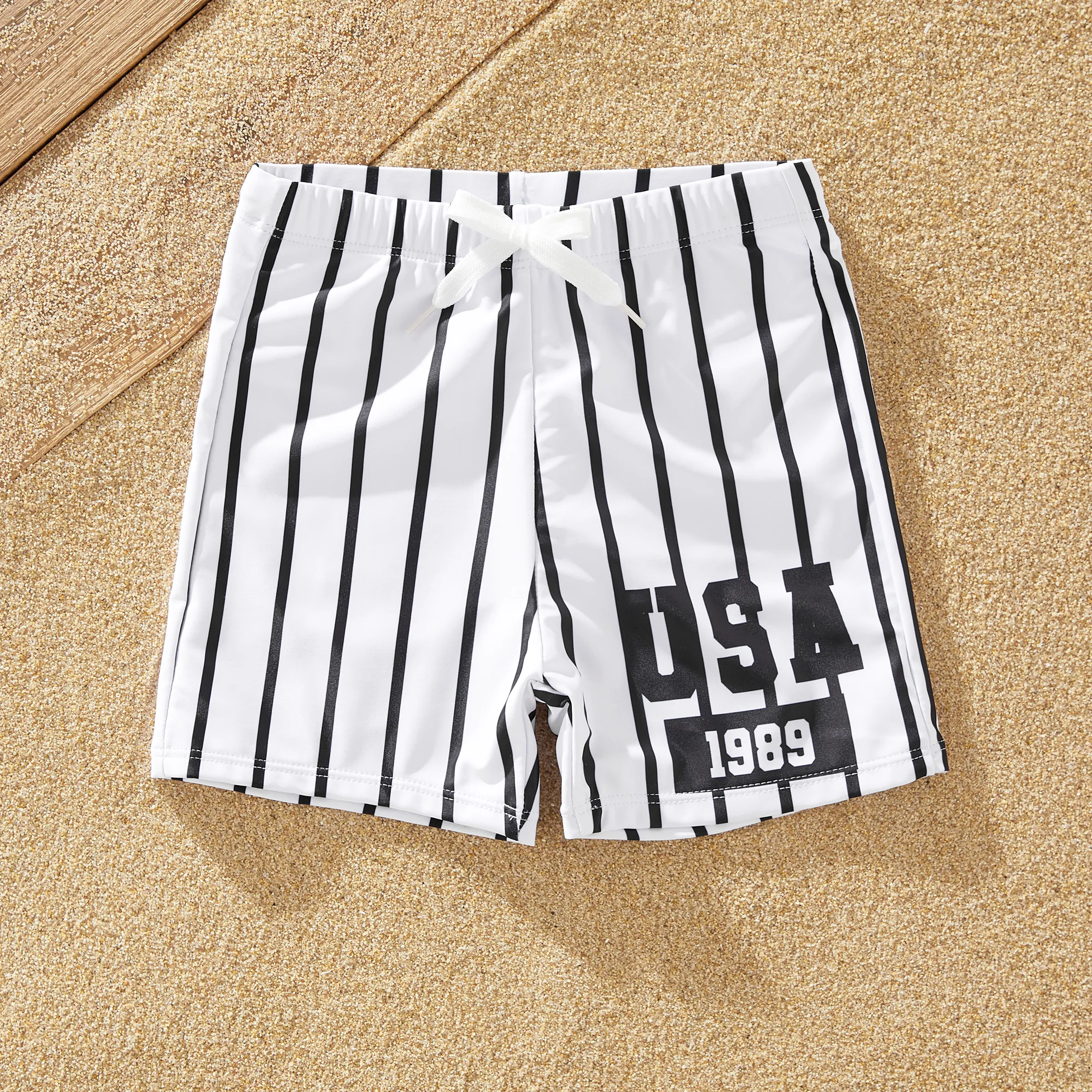 Family Matching Vertical Stripe Drawstring Swim Trunks or One-Piece Swimwear
