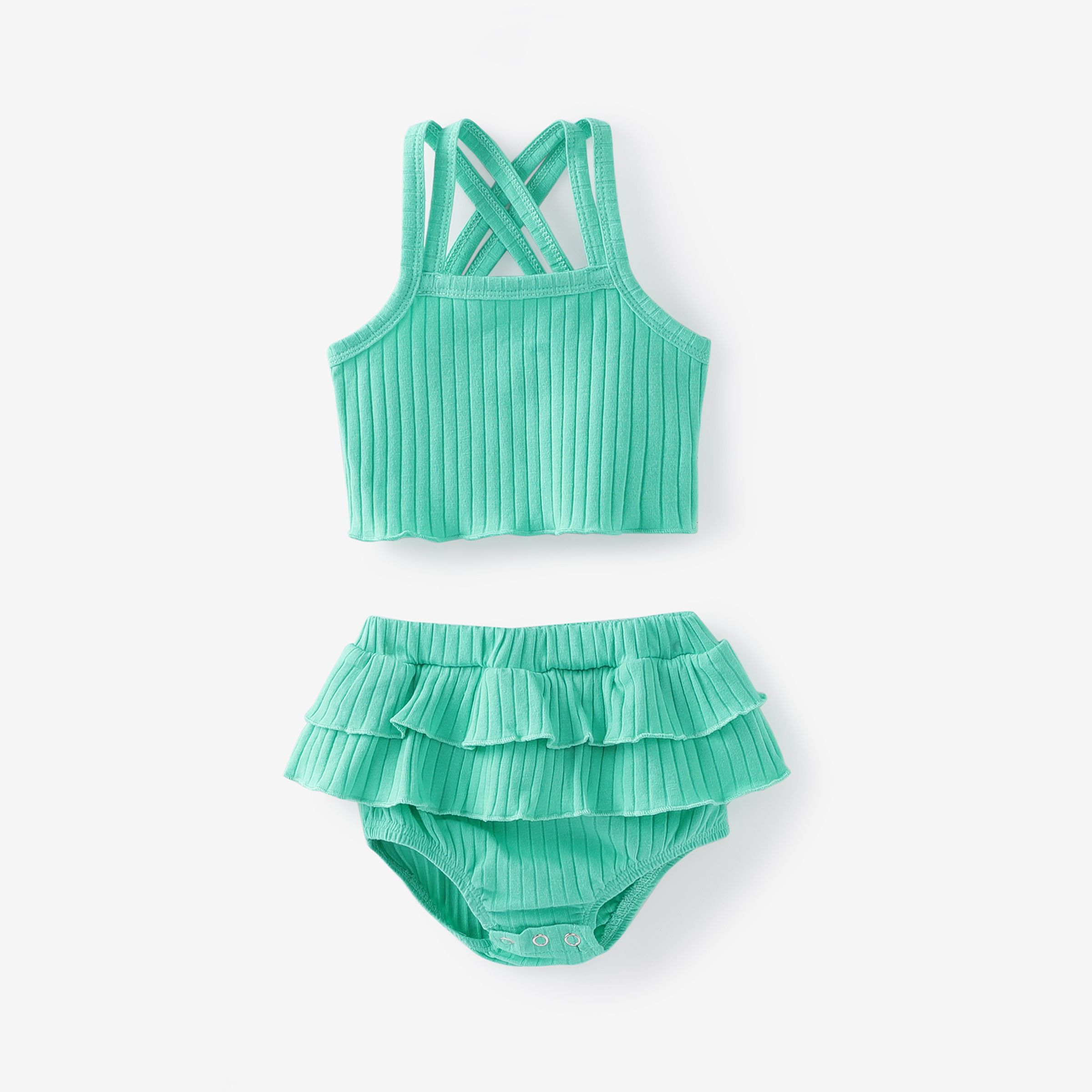 Baby Girl 2pcs Double Cross Sling Crop Camisole And Ruffled Shorts Set/ Bow Decor Shoes