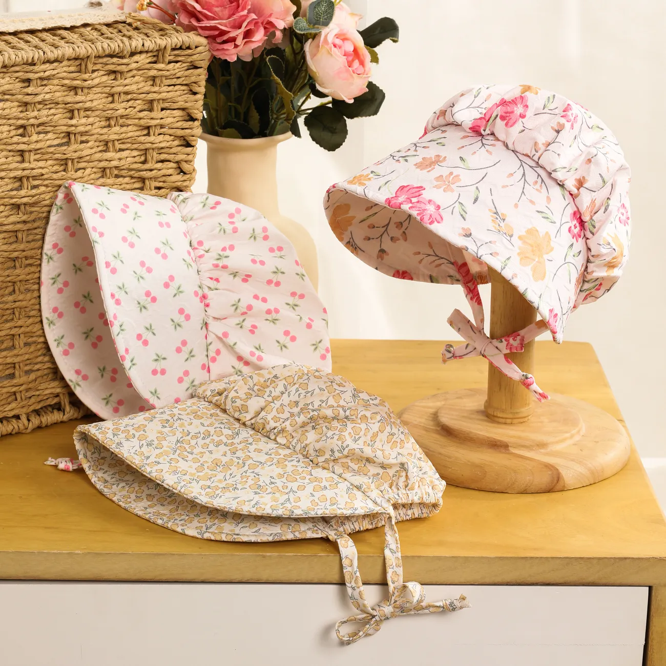 Sombrero de princesa de protección solar para bebé niña con estampado floral Beige big image 1