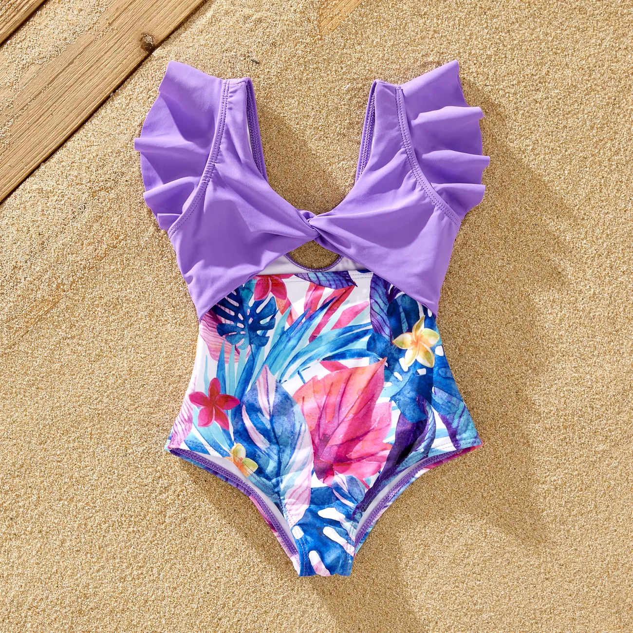 Family Matching Floral Drawstring Swim Trunks or Flutter Sleeves One-Piece Twist Knot Spliced Swimsuit  Purple big image 1