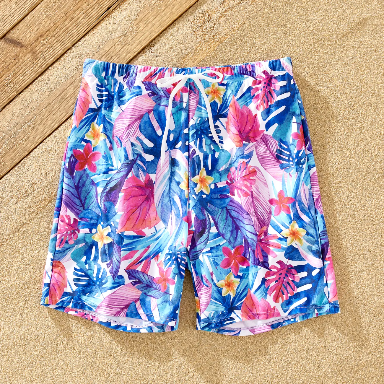 Family Matching Floral Drawstring Swim Trunks or Flutter Sleeves One-Piece Twist Knot Spliced Swimsuit  Purple big image 1