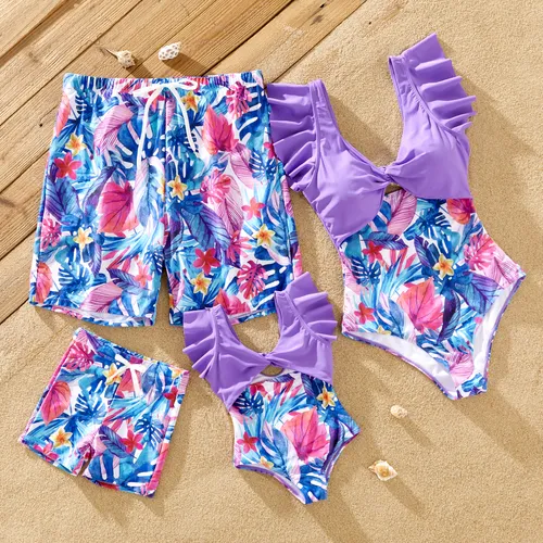 Family Matching Floral Drawstring Swim Trunks or Flutter Sleeves One-Piece Twist Knot Spliced Swimsuit 