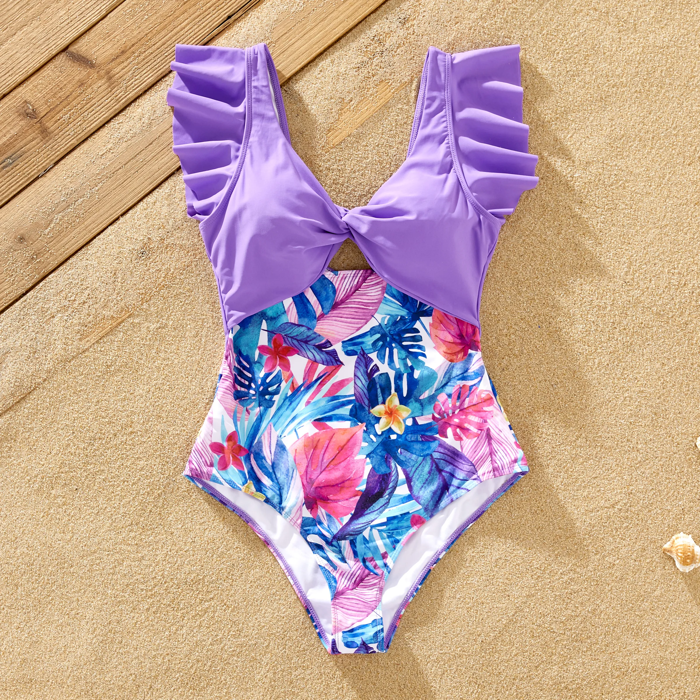 

Family Matching Floral Drawstring Swim Trunks or Flutter Sleeves One-Piece Twist Knot Spliced Swimsuit