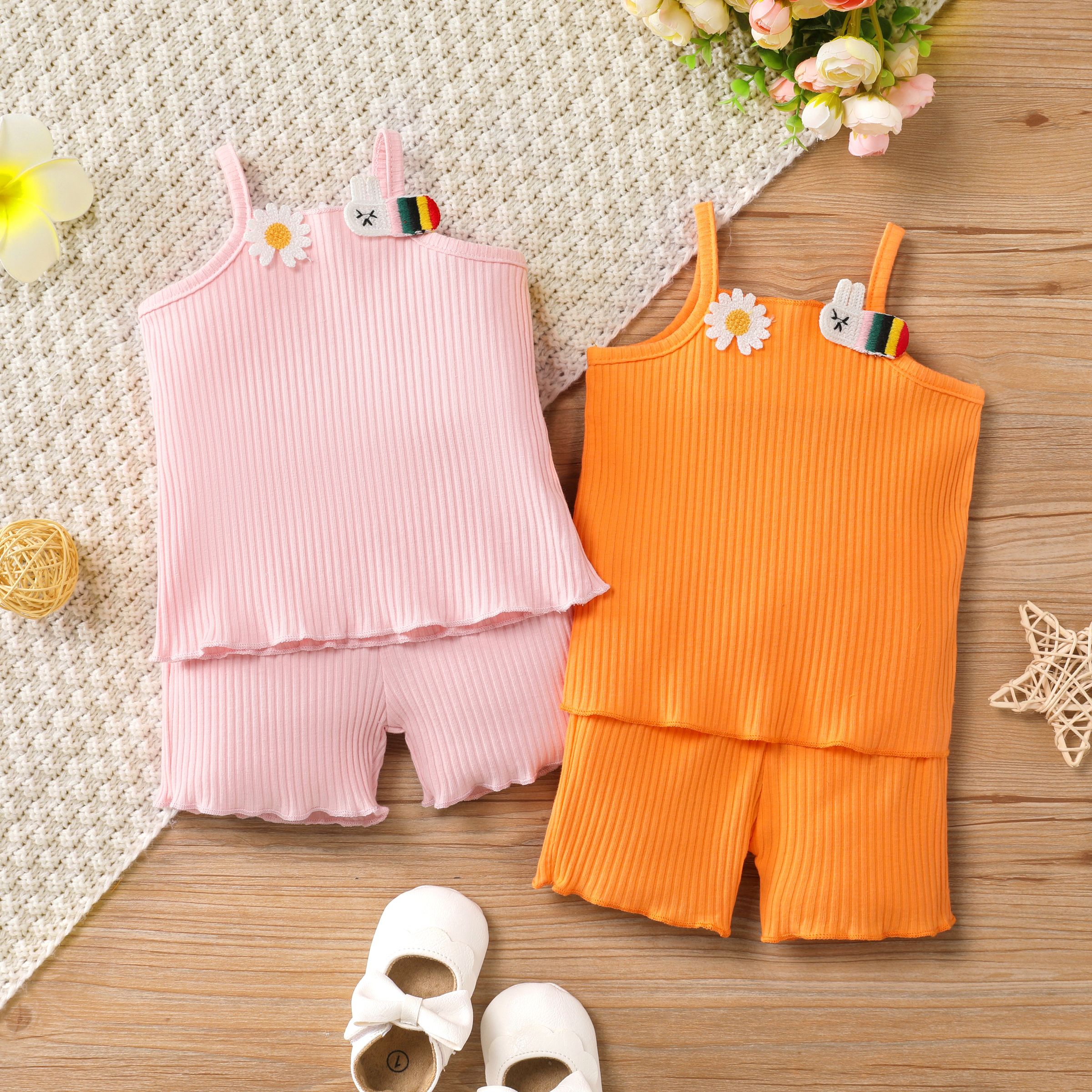 2pcs Baby Girl's Solid Color Casual Cotton Top And Shorts Set With Hanging Strap