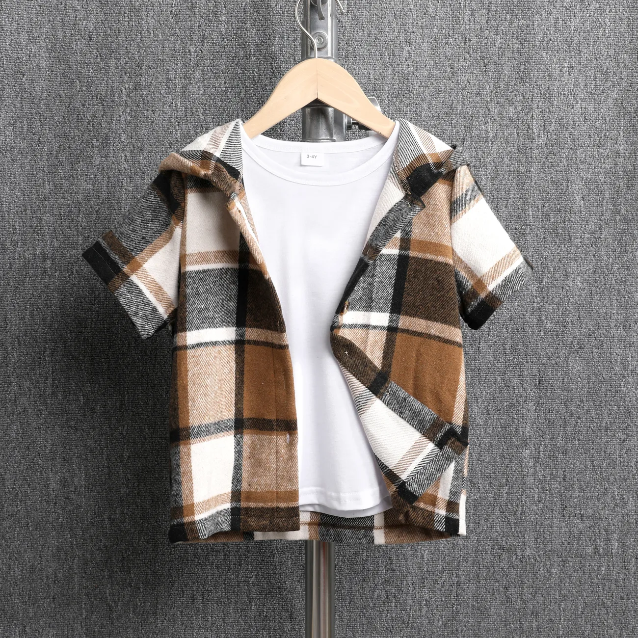  Kid Boy Regular Fit Hooded Grid/Houndstooth Short Sleeve Top and Shirt Set  Khaki big image 1
