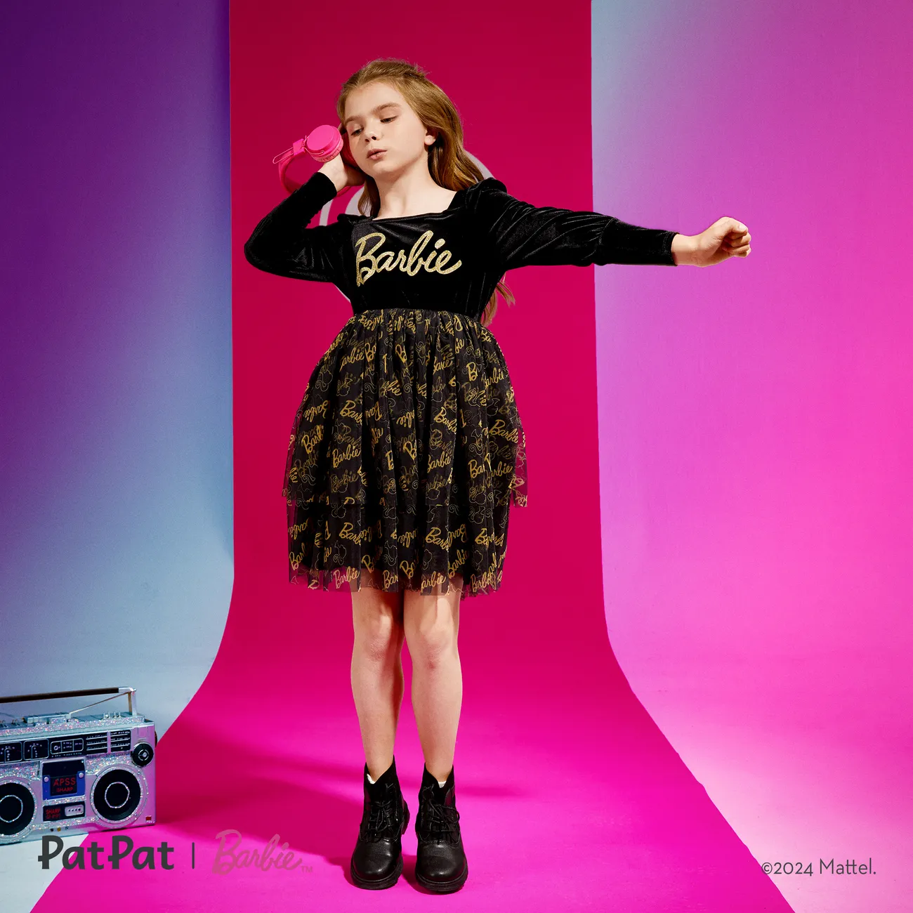 Barbie Kid Girl Glitter Letter Graphic Long-sleeve Mesh Fairy Dress Black big image 1