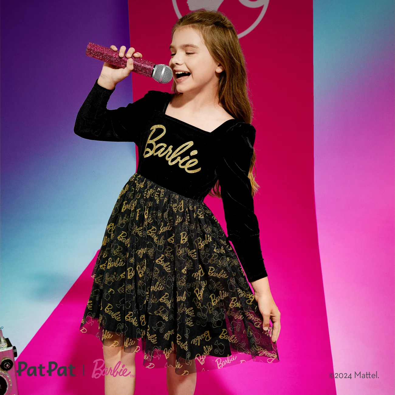 Barbie Kid Girl Glitter Letter Graphic Long-sleeve Mesh Fairy Dress Black big image 1