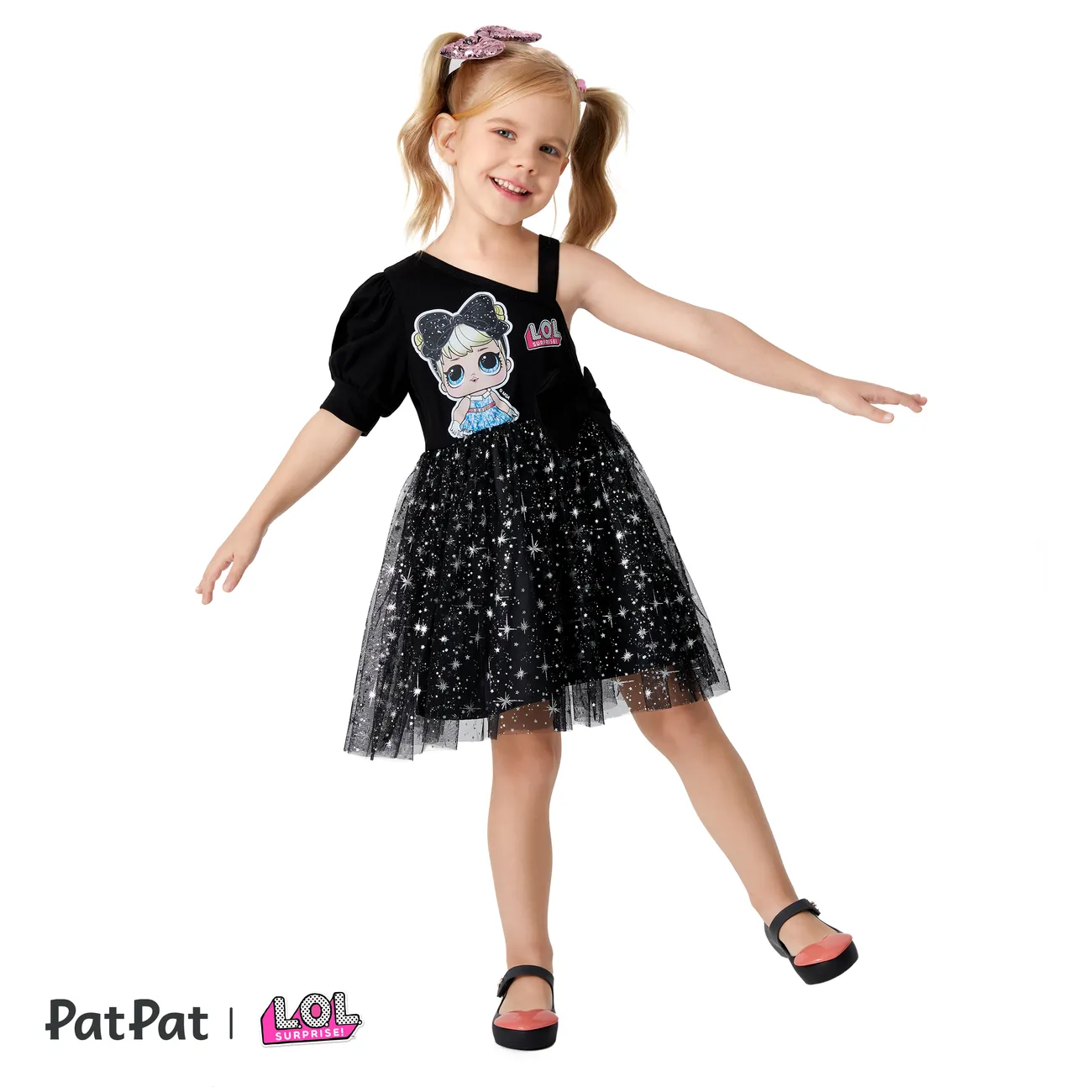 L.O.L. SURPRISE! Toddler Girls Mother's Day 1pc Graphic Print Off-shoulder Sparkle Dress Black big image 1